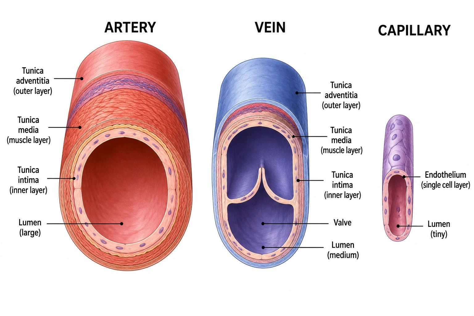 Comparison cross-section diagram of an artery, vein, and capillary showing wall layers, lumen size, and valve presence