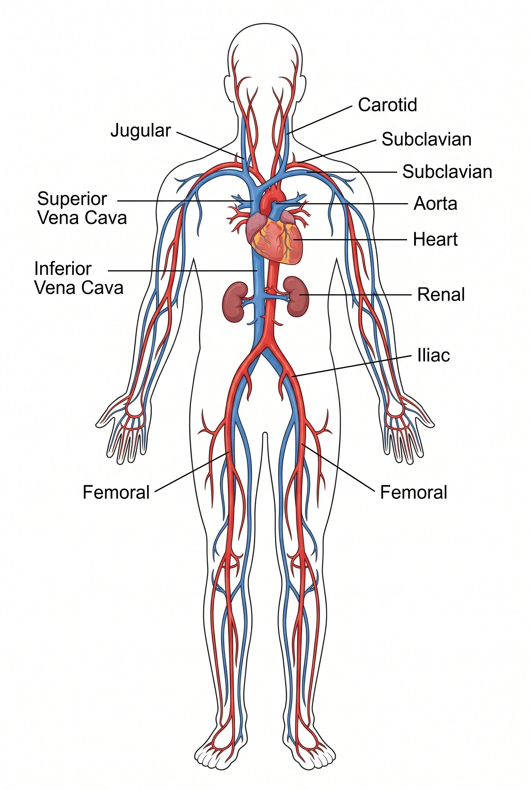 Labeled full-body circulatory system diagram showing the heart, aorta, major arteries in red, and major veins in blue in anterior view