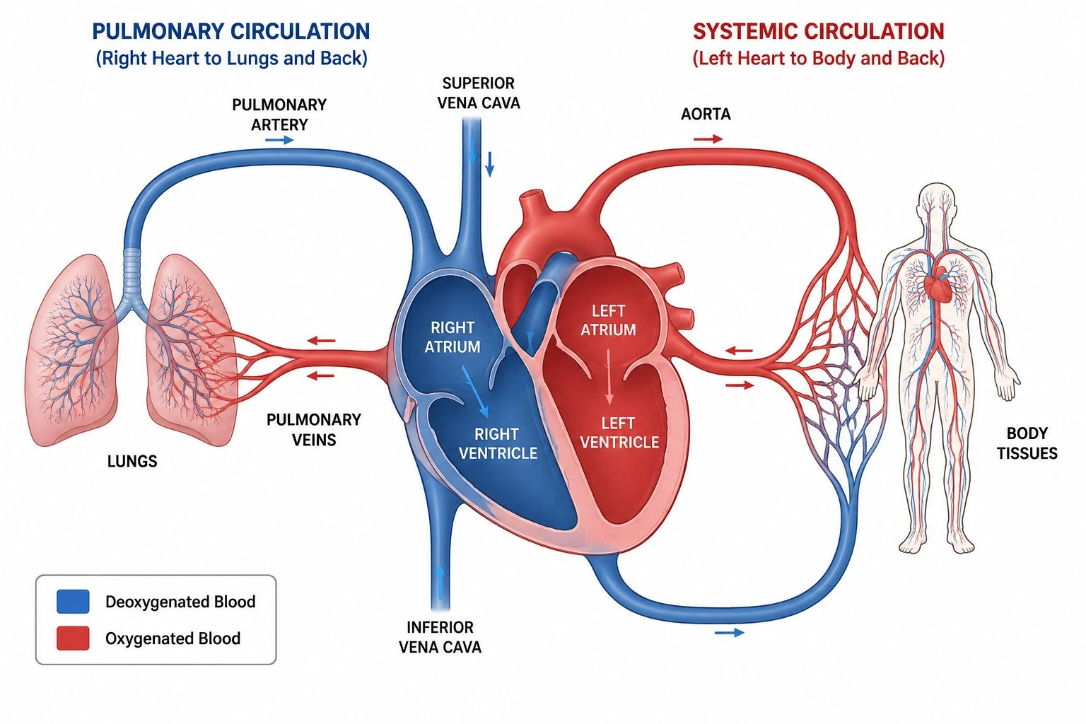 Dual-loop diagram comparing pulmonary circulation (heart to lungs) and systemic circulation (heart to body) with oxygenated and deoxygenated blood labeled