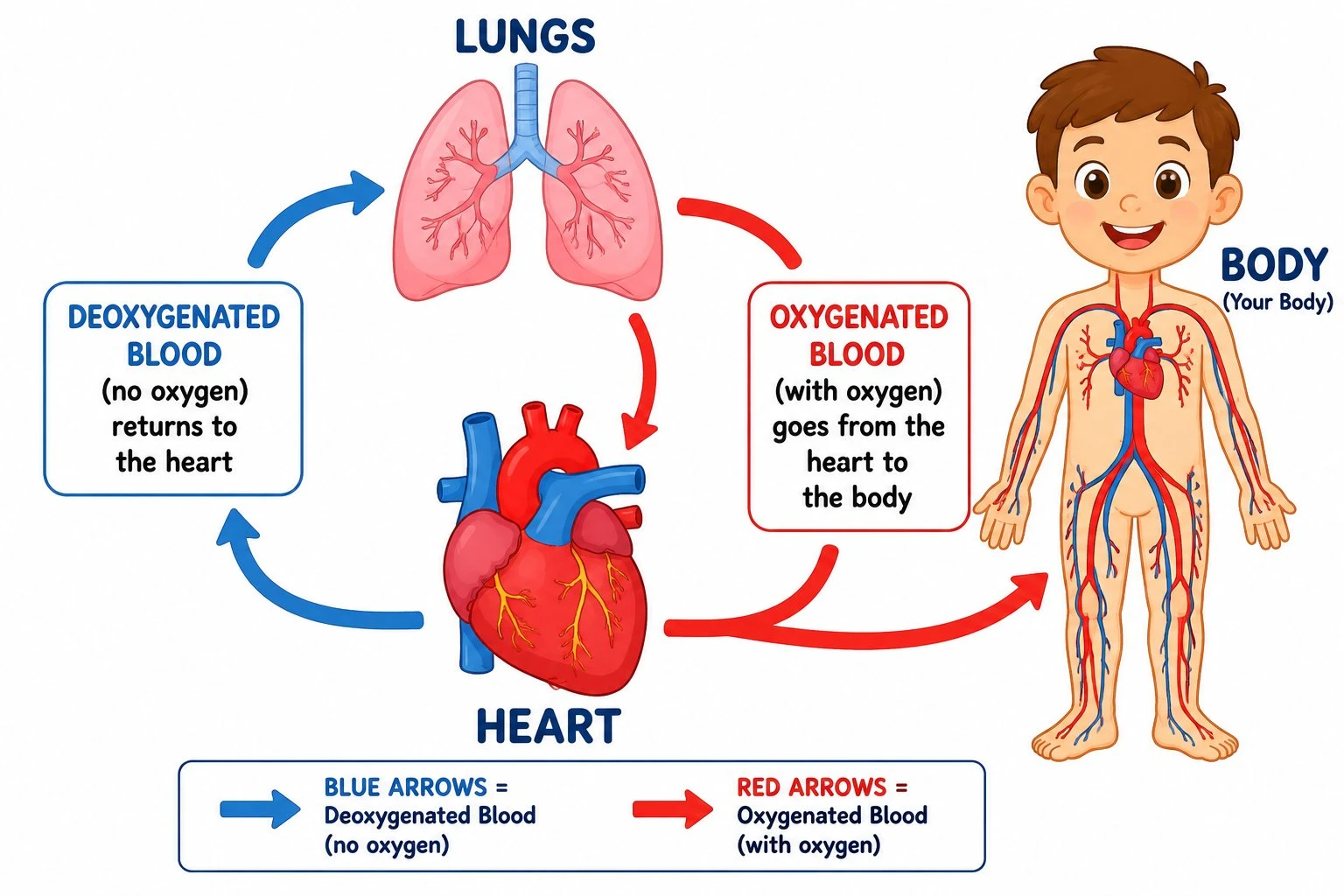 Simple labeled circulatory system diagram for kids showing the heart, lungs, and body connected by red and blue arrows