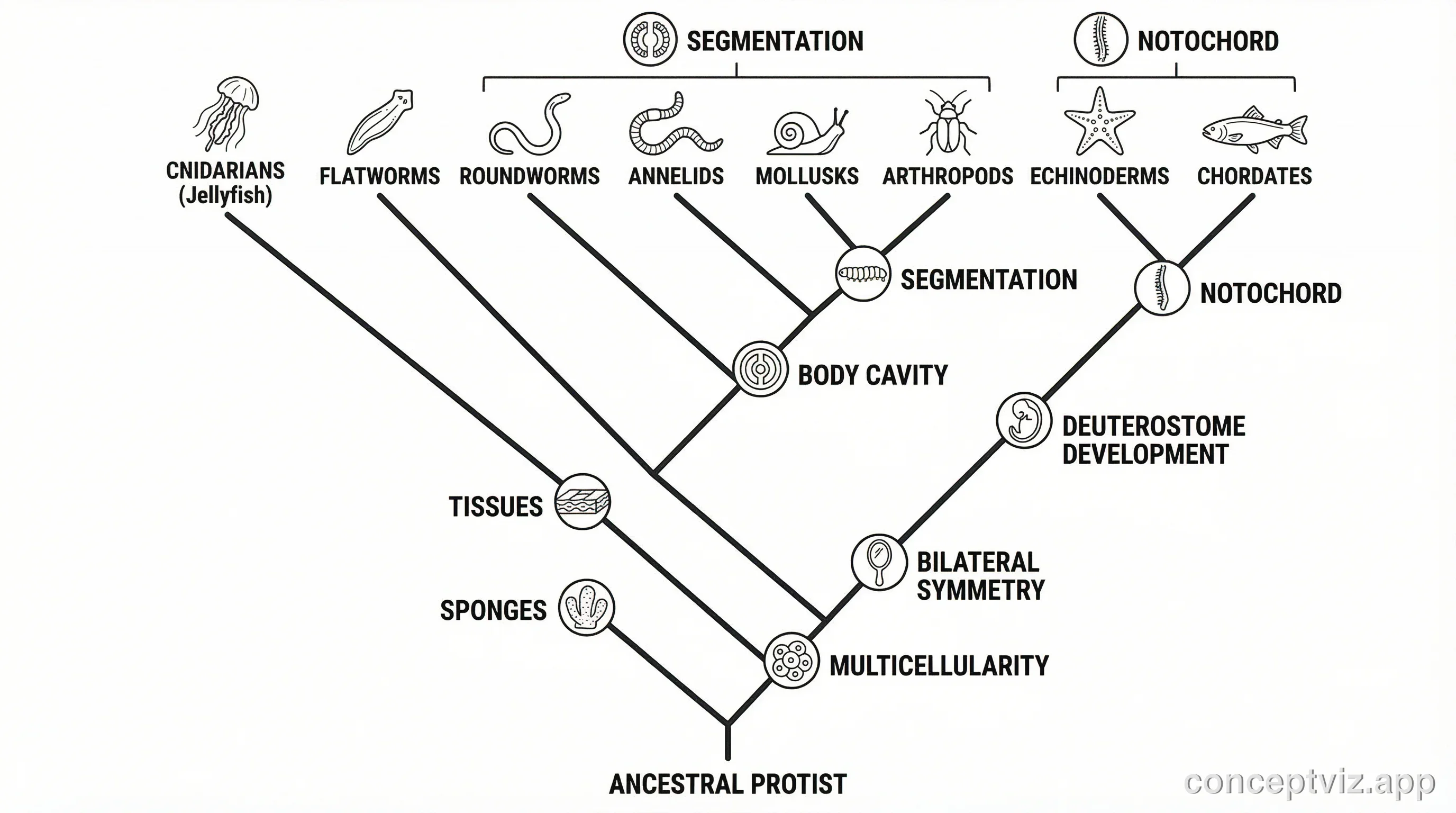 Broad cladogram of the animal kingdom from sponges to chordates showing major evolutionary milestones.