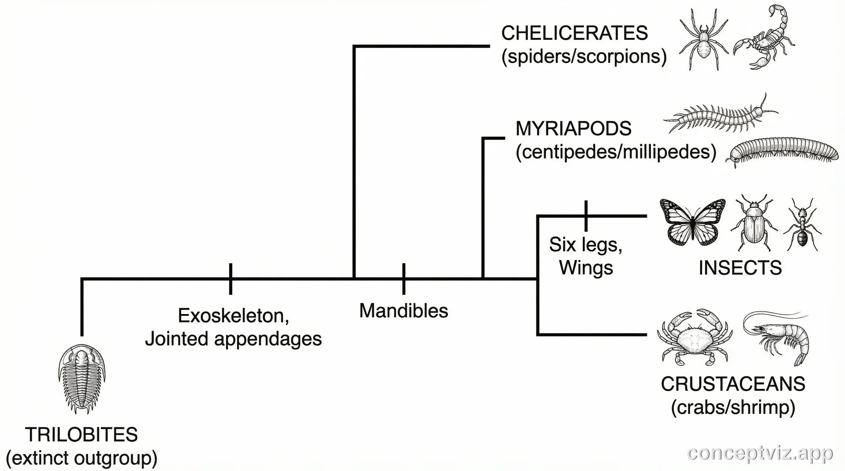 Cladogram of arthropod groups including insects, arachnids, crustaceans, and myriapods with distinguishing features.