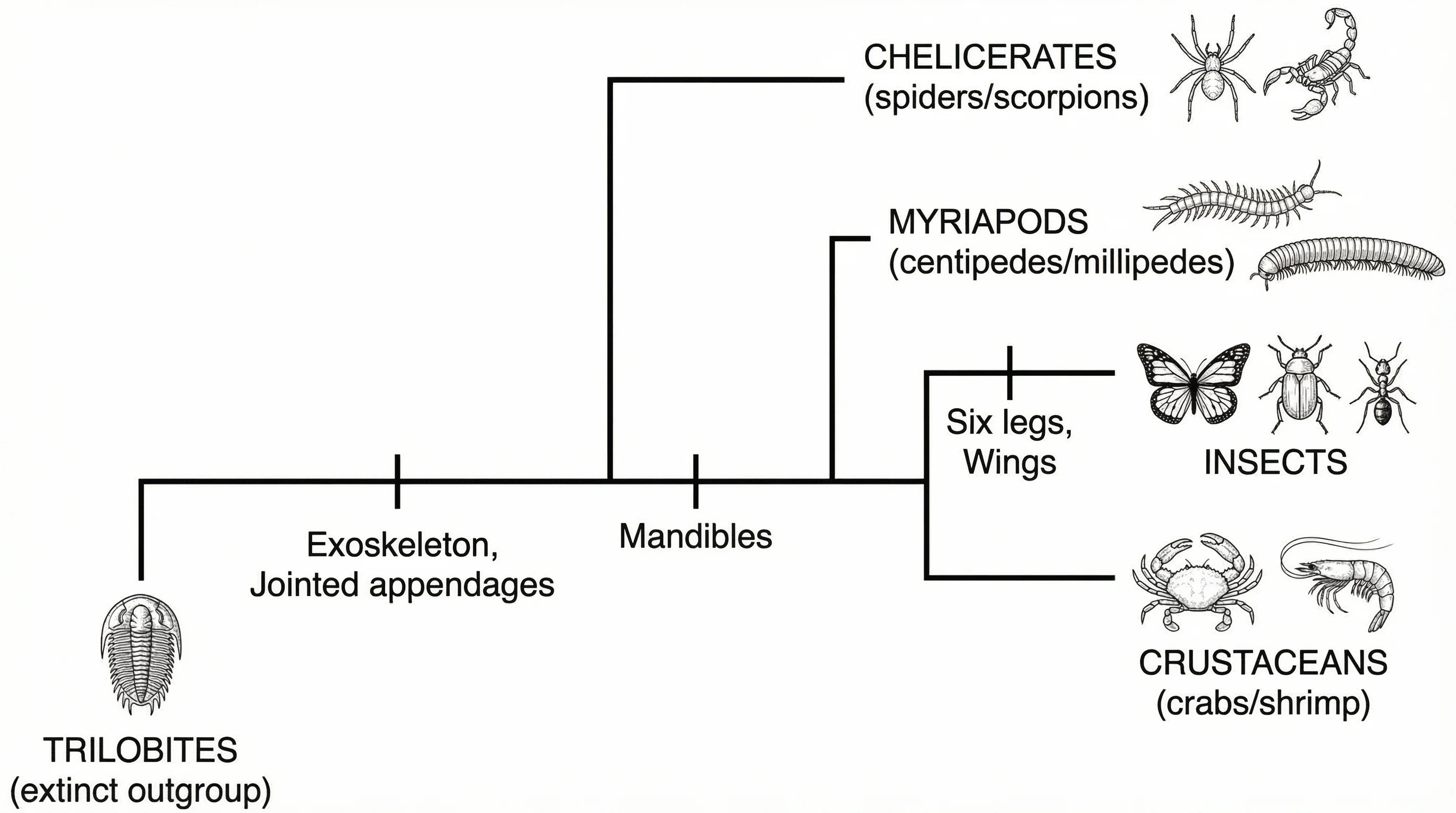 Cladogram of arthropod groups including insects, arachnids, crustaceans, and myriapods with distinguishing features.