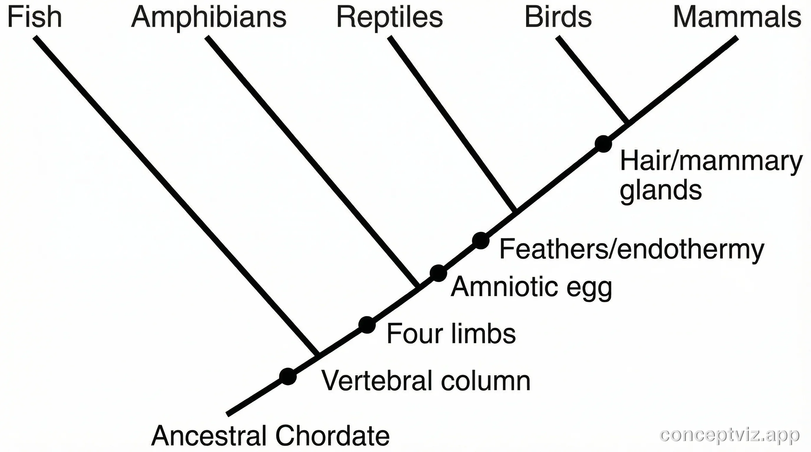 Cladogram showing evolutionary relationships among vertebrates including fish, amphibians, reptiles, birds, and mammals with shared derived characteristics labeled.