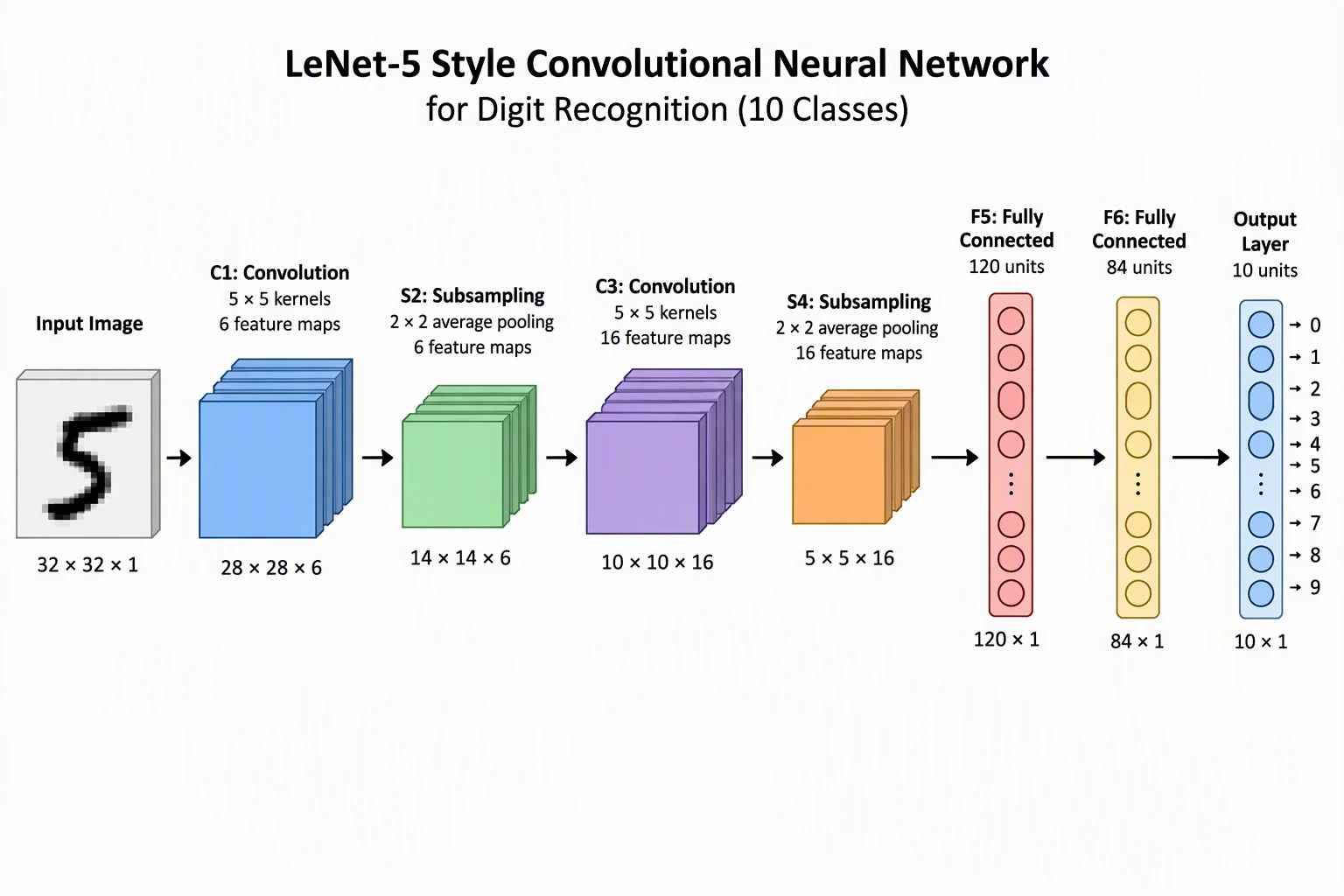 AI-generated LeNet-style CNN illustration with a handwritten digit input, feature map stacks and fully connected layers labeled with sizes
