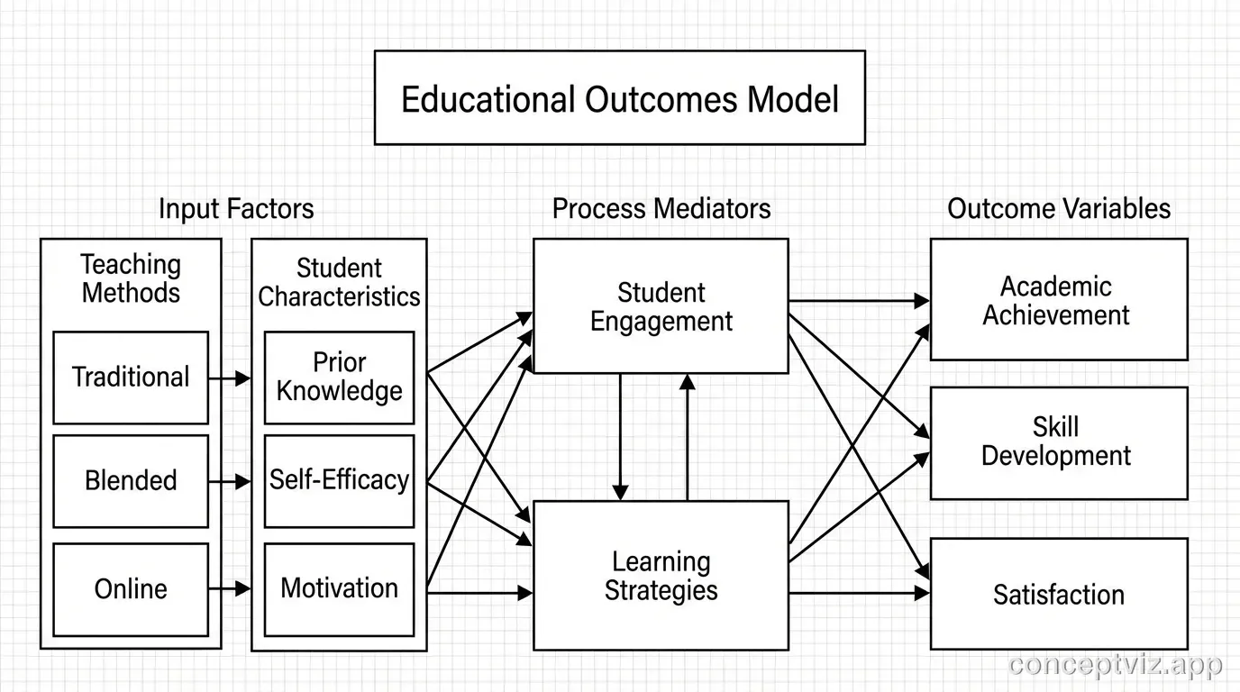 Education research framework showing teaching methods and student factors affecting learning outcomes.