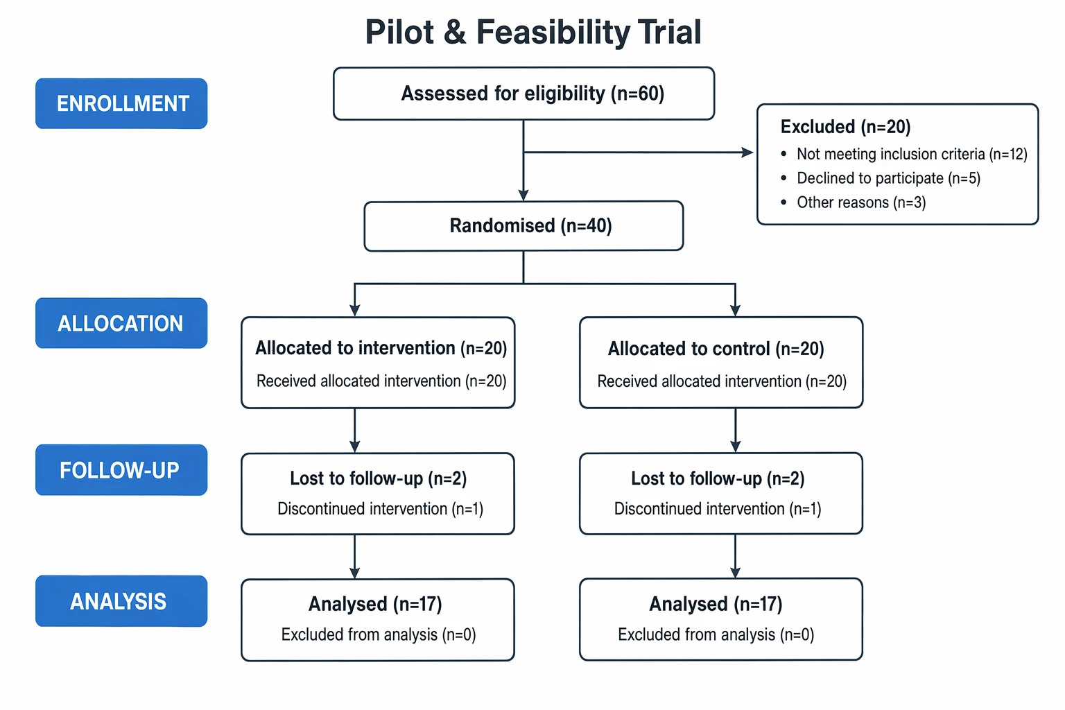 CONSORT flow diagram for a pilot and feasibility trial with small enrollment and two arms through analysis