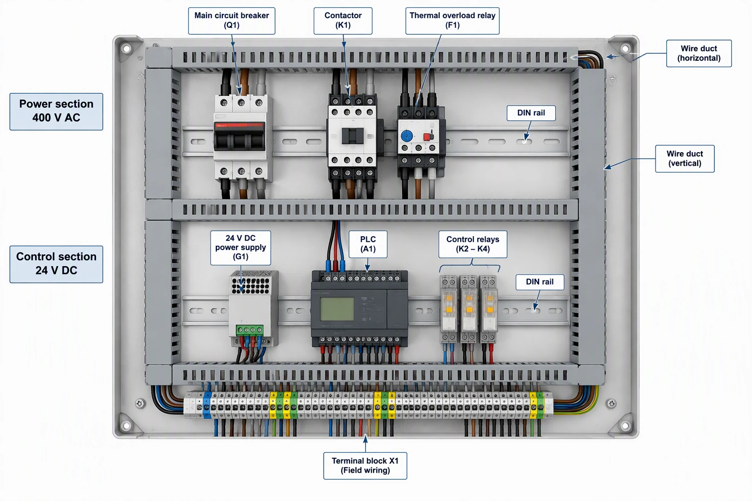 AI-generated control panel back plate layout with a breaker, contactor and overload relay in a power section, and a power supply, PLC and relays in a control section, with wire ducts and a terminal block row