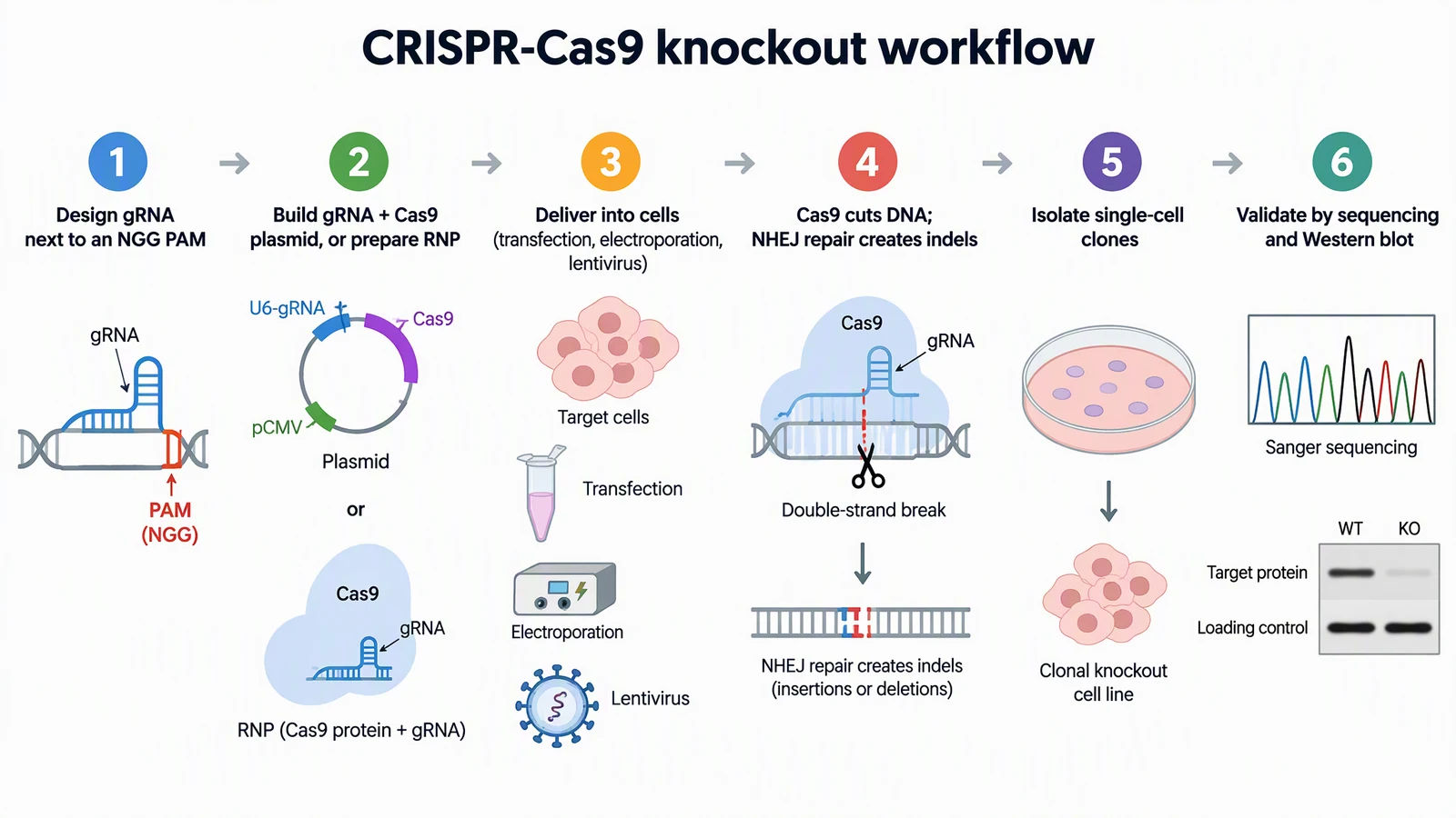 AI-generated six-step infographic of a CRISPR-Cas9 knockout from gRNA design to sequencing and Western blot validation