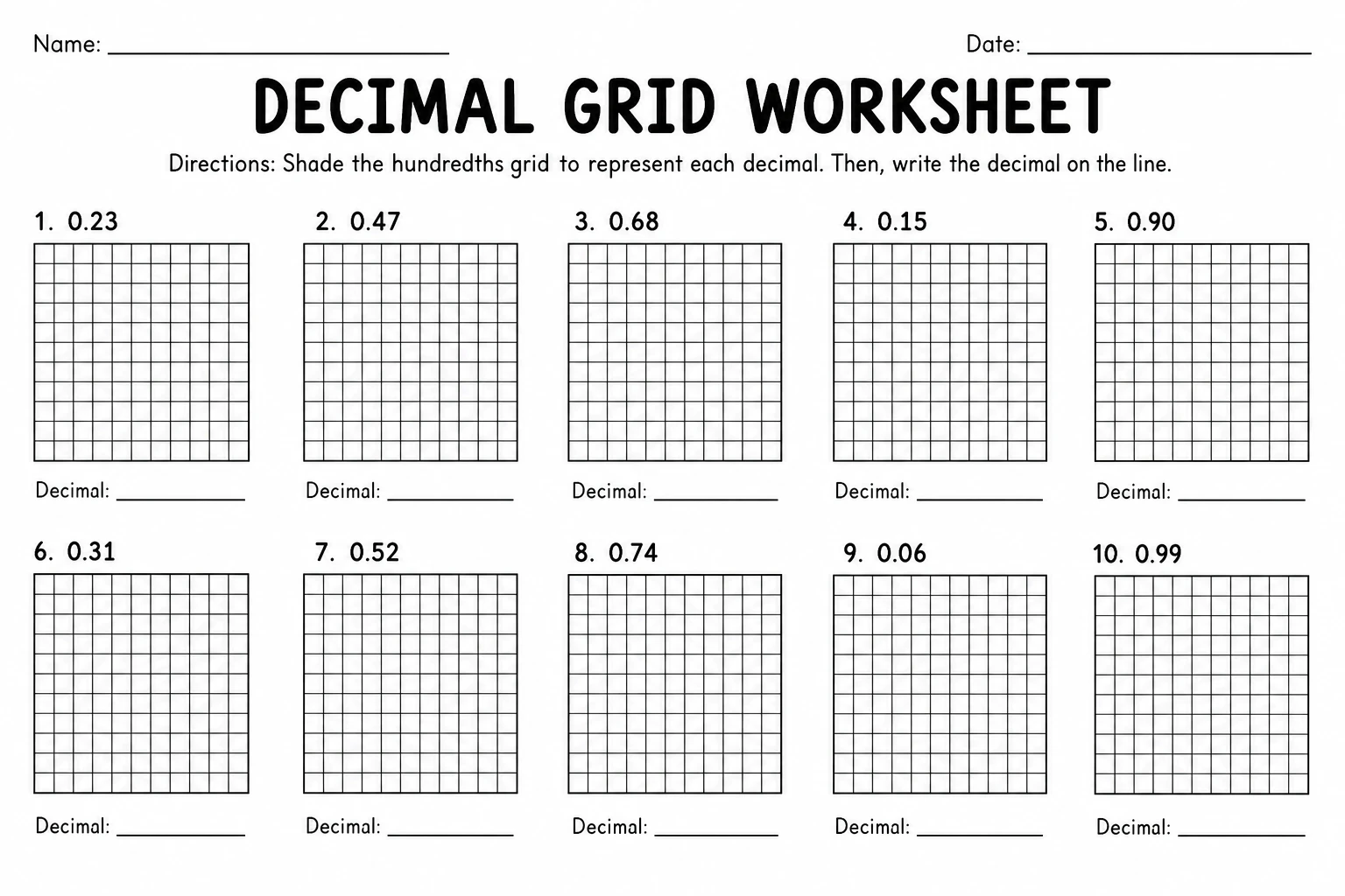 Blank hundredths decimal grids with answer lines for a student worksheet