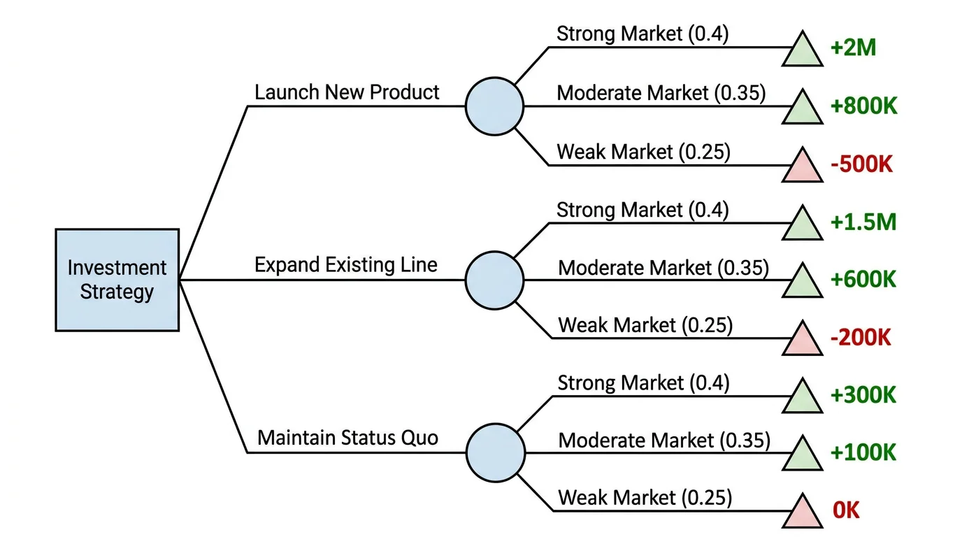 Decision tree showing business investment analysis with decision nodes, chance nodes for market conditions, and expected monetary values at terminal nodes.