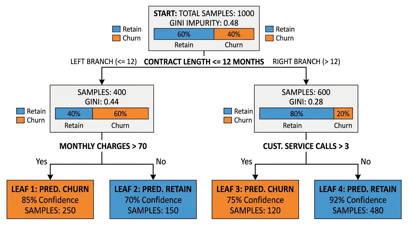 Machine learning classification decision tree with feature splits, Gini impurity values, and class predictions at leaf nodes.
