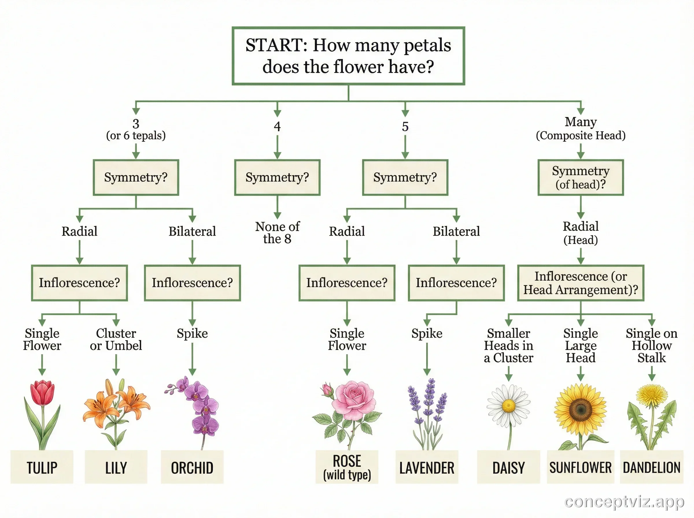 Dichotomous key for identifying common flowers by petal count, symmetry, and inflorescence type.