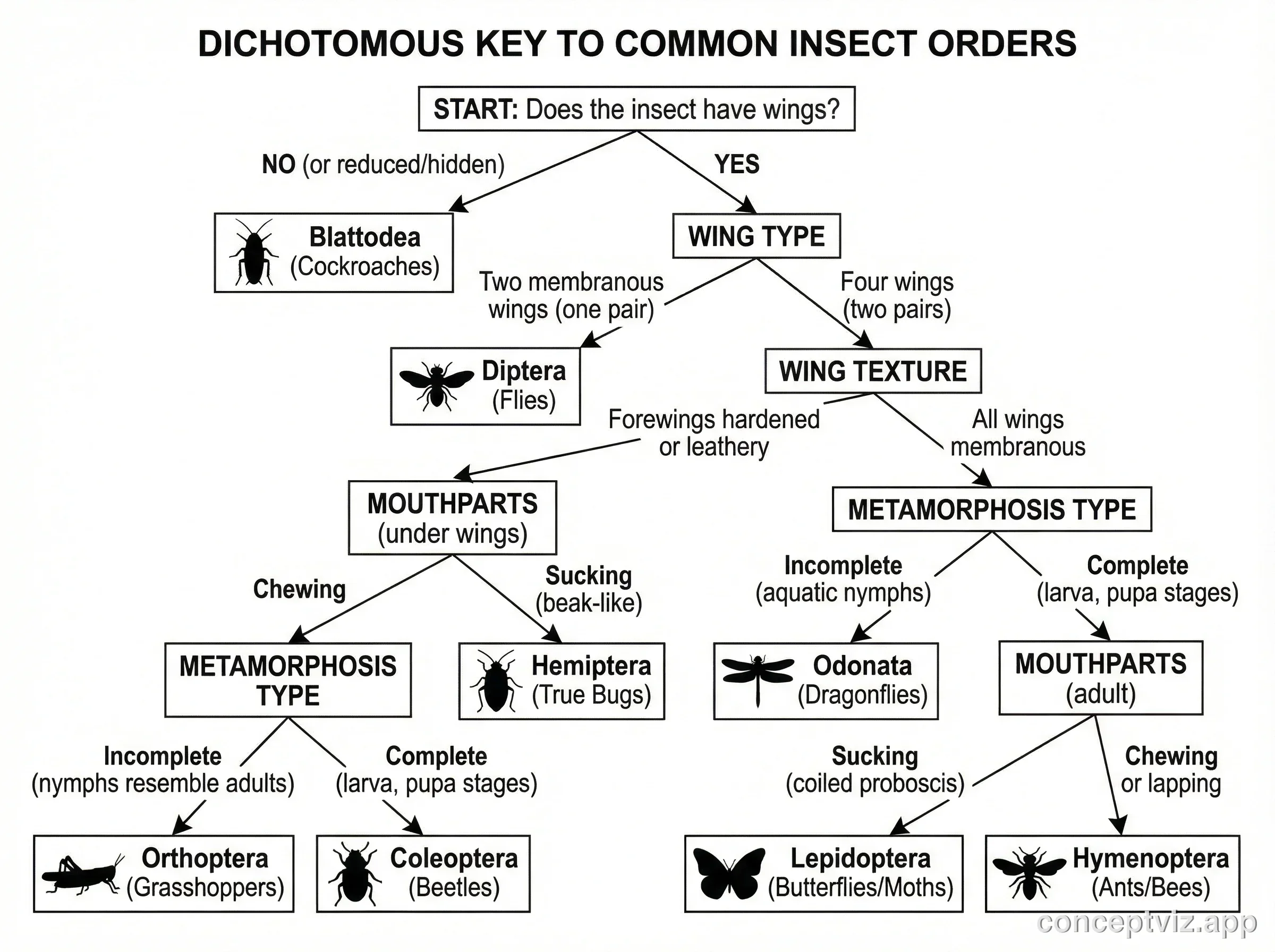 Dichotomous key for identifying common insect orders by wing type, mouthparts, and body structure.