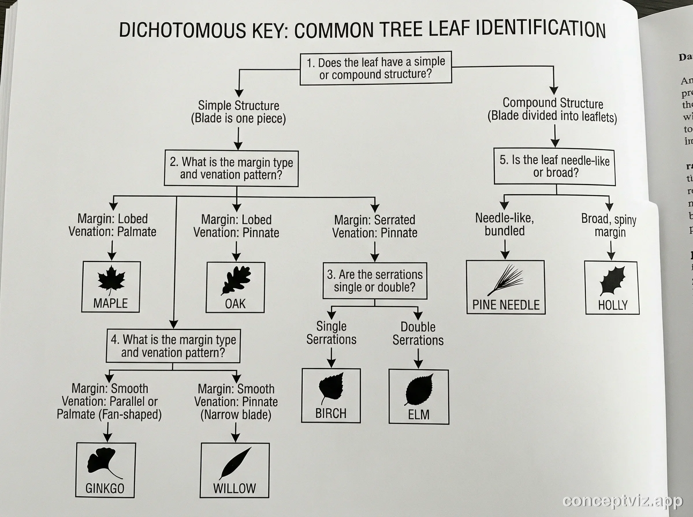 Dichotomous key for identifying common tree leaves by shape, margin, and venation patterns.