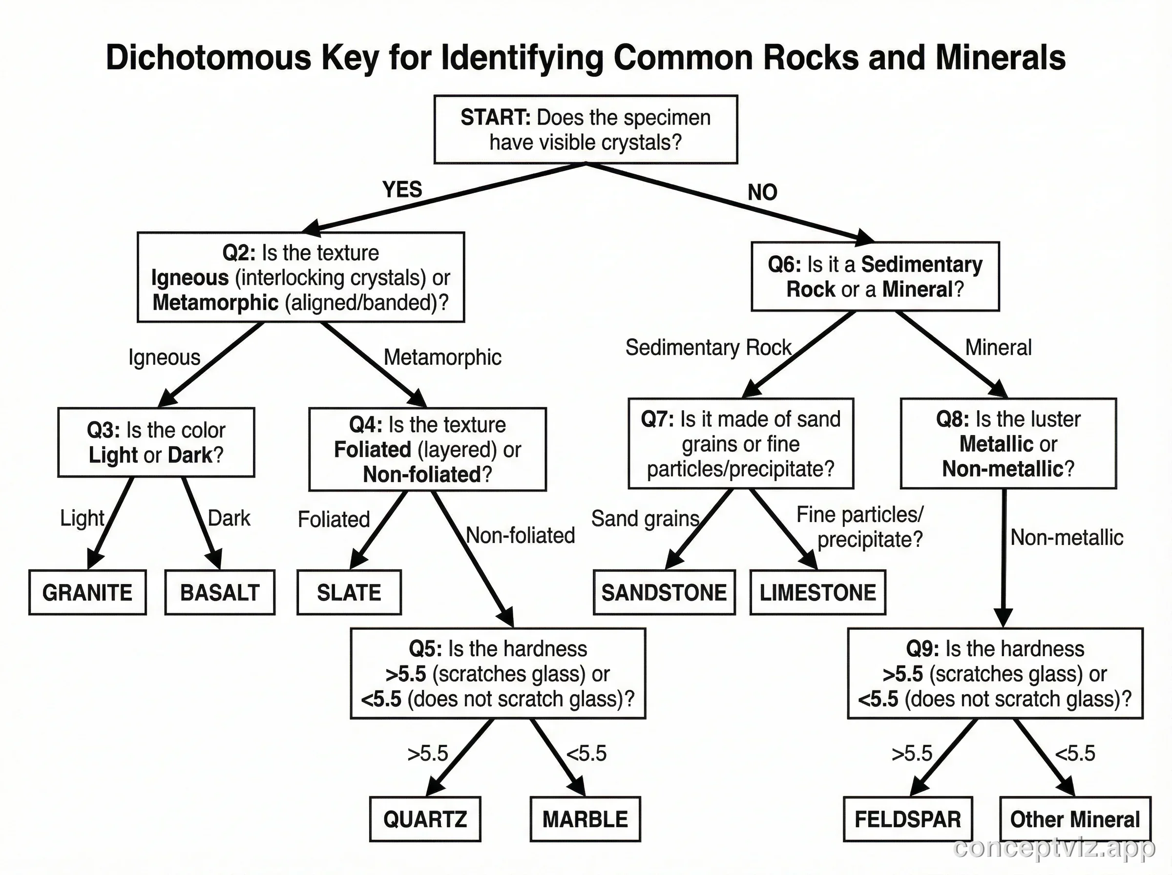 Dichotomous key for identifying rocks and minerals based on hardness, luster, color, and crystal structure.
