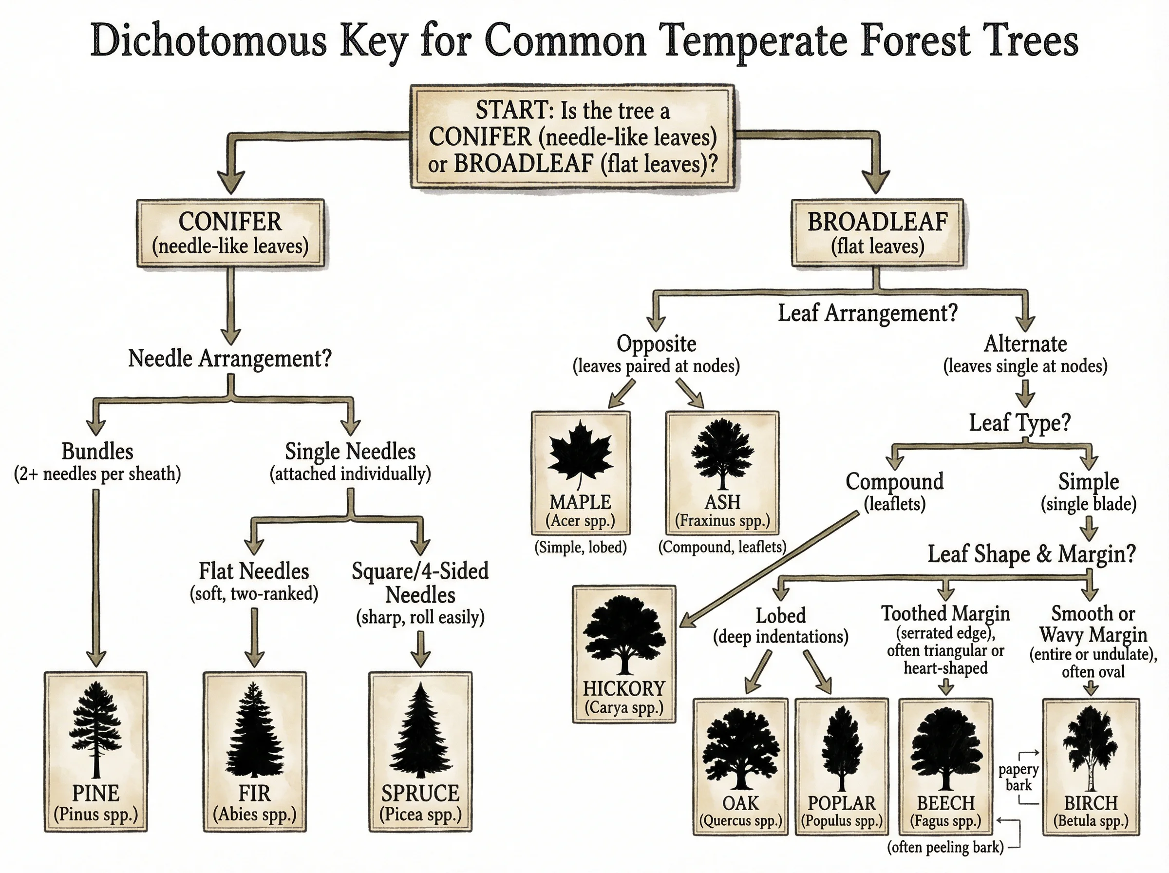 Dichotomous key for identifying common trees by bark texture, leaf arrangement, and seed type.