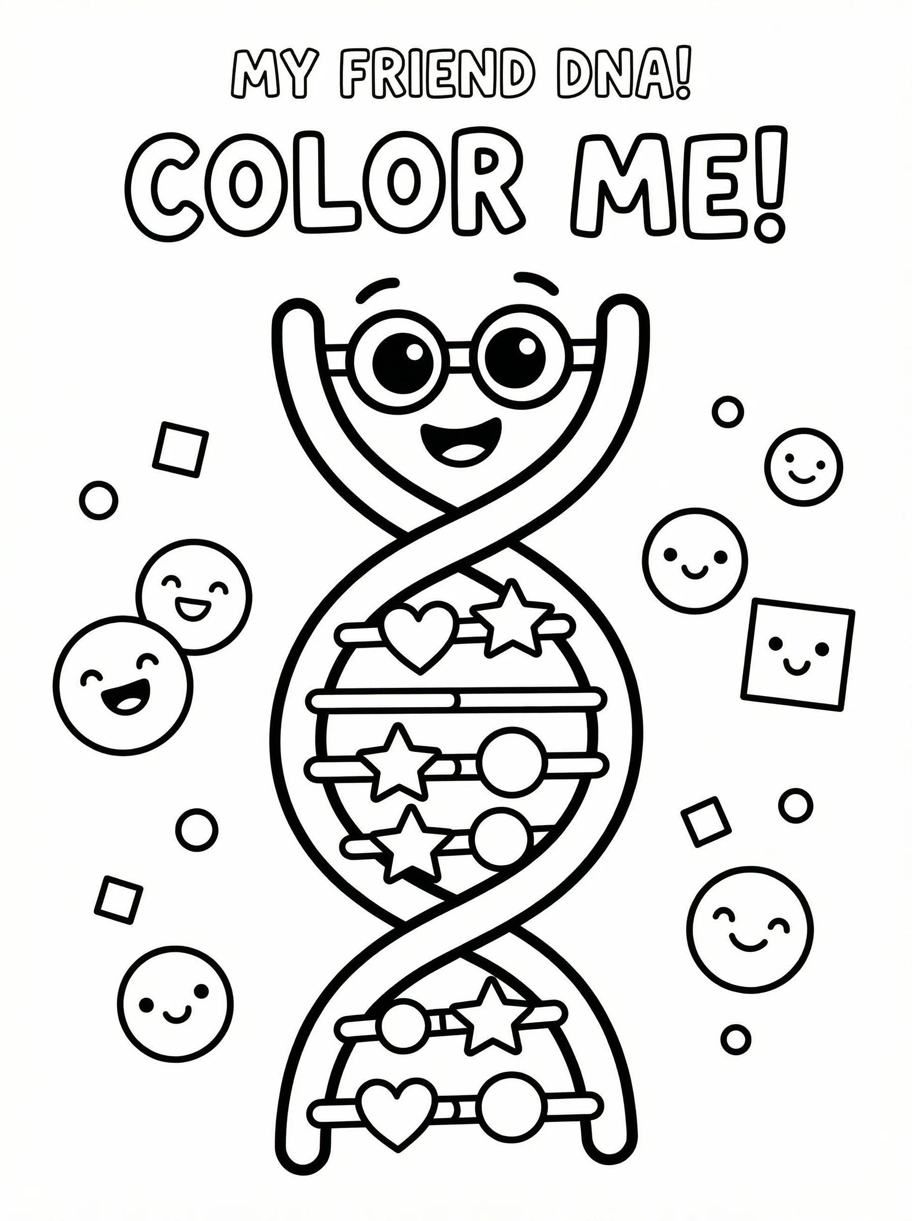 Simple cartoon-style black and white coloring page of DNA for young children showing a friendly simplified double helix with large easy-to-color shapes. Cute educational style with thick outlines suitable for elementary students.