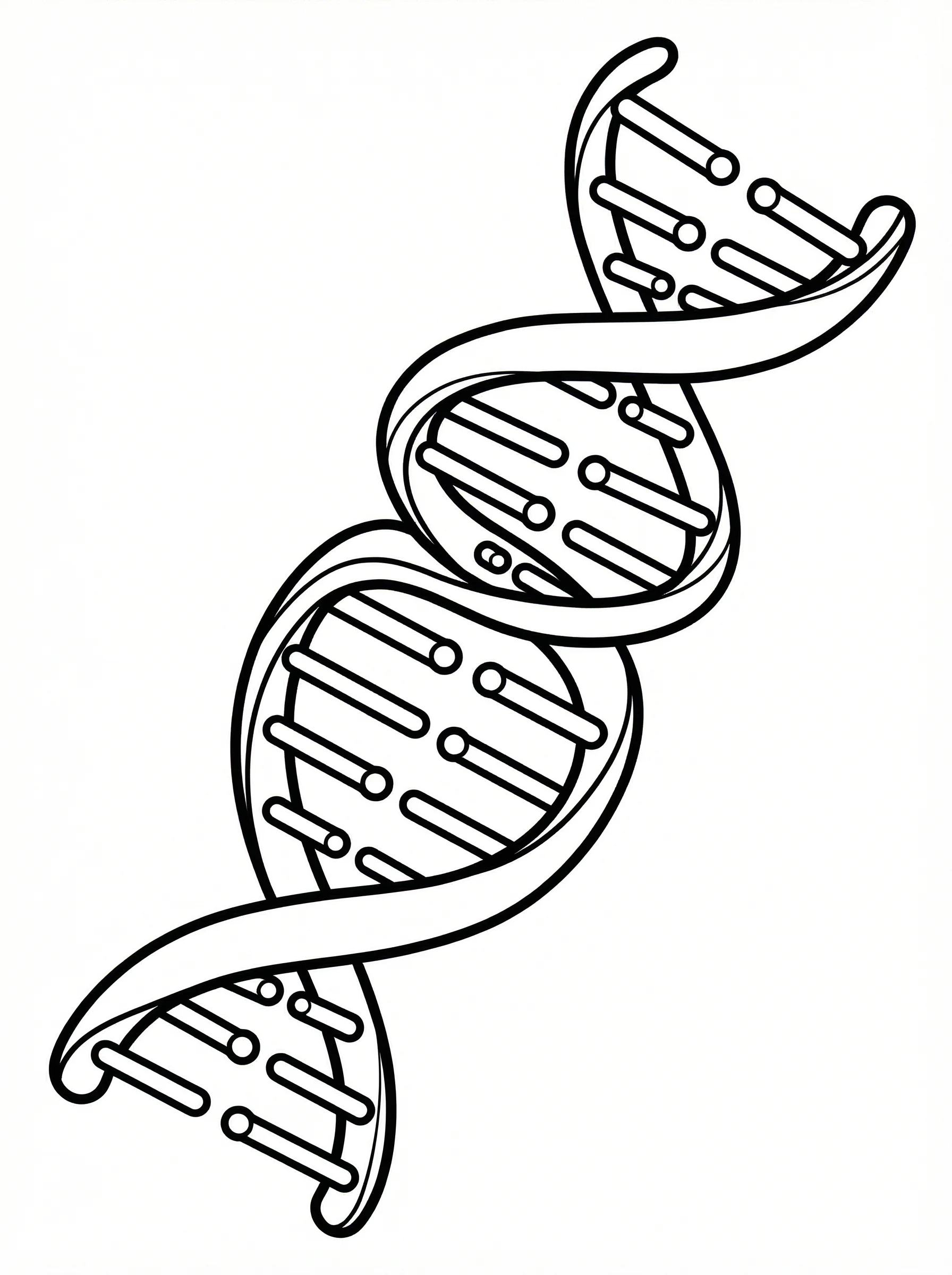 Black and white line art coloring page of DNA double helix structure showing the twisted ladder shape with clear sugar-phosphate backbone and rungs representing base pairs. Clean outlines suitable for coloring, educational coloring book style.