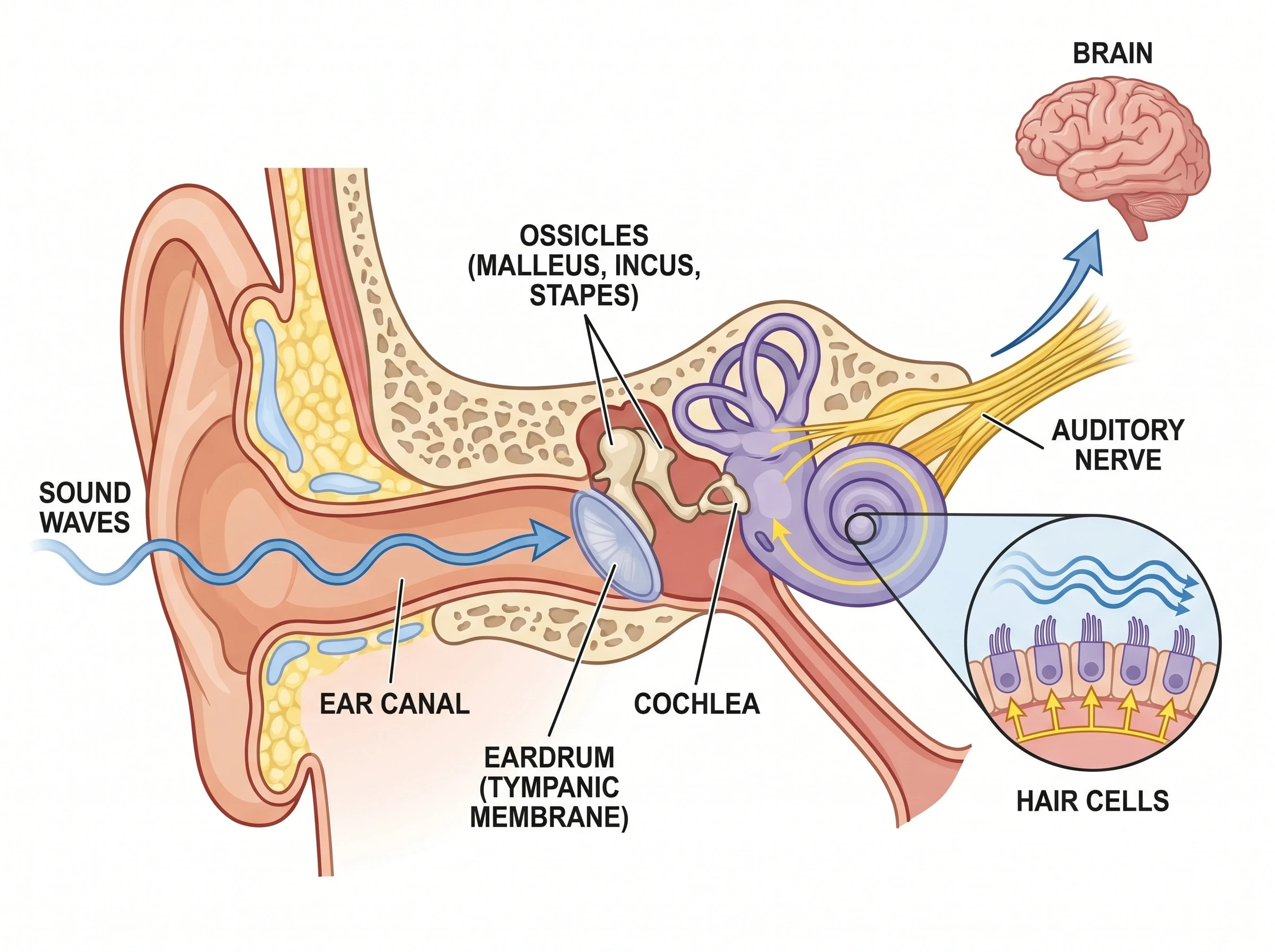 A diagram of how hearing works: sound waves vibrating the eardrum and ossicles to the cochlea