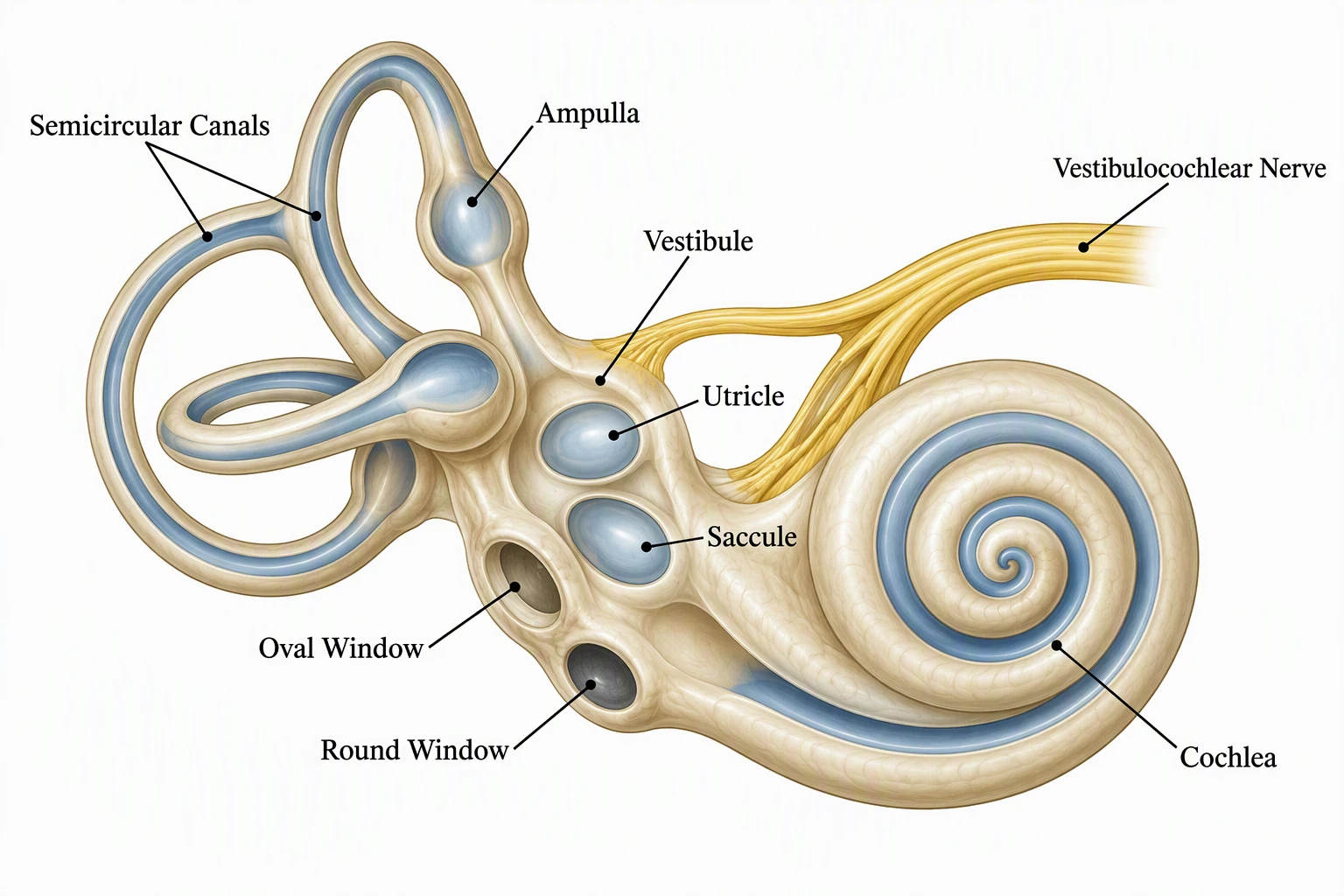 Inner ear diagram showing the cochlea, semicircular canals, and vestibule, plus a cross-section of hair cells and auditory nerve fibers