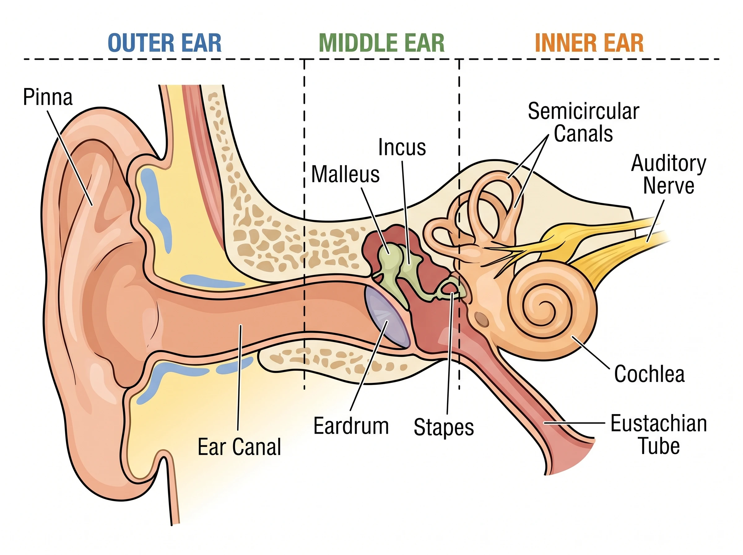Diagram dividing the ear into outer, middle, and inner regions with the structures in each labeled