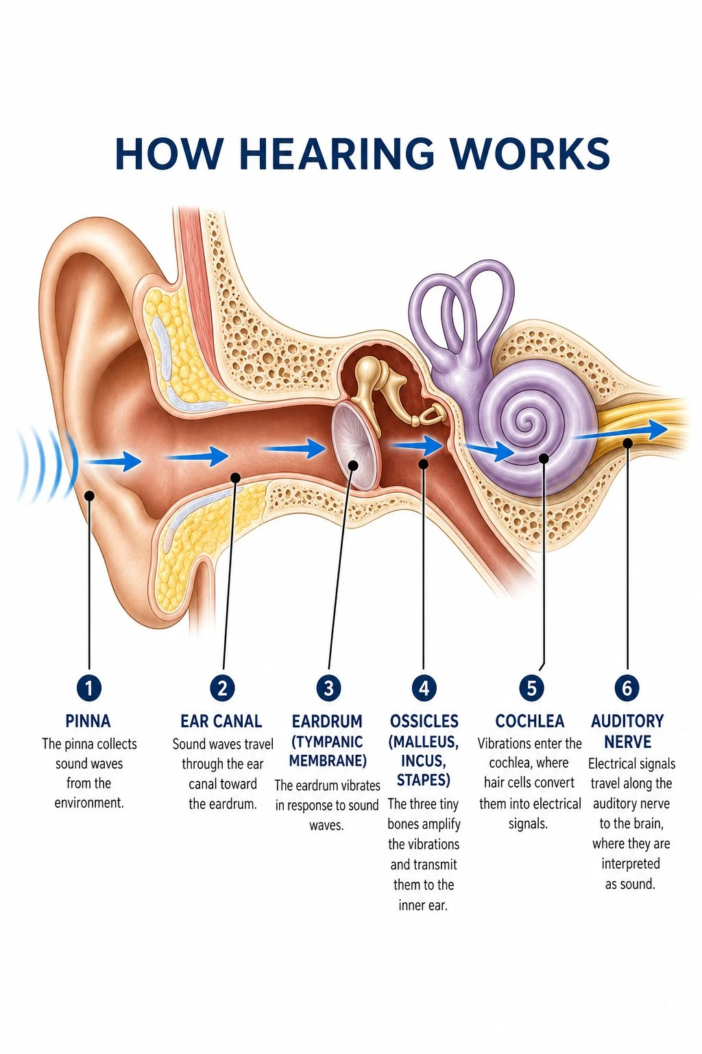 Diagram of how hearing works with sound path from pinna to cochlea and nerve