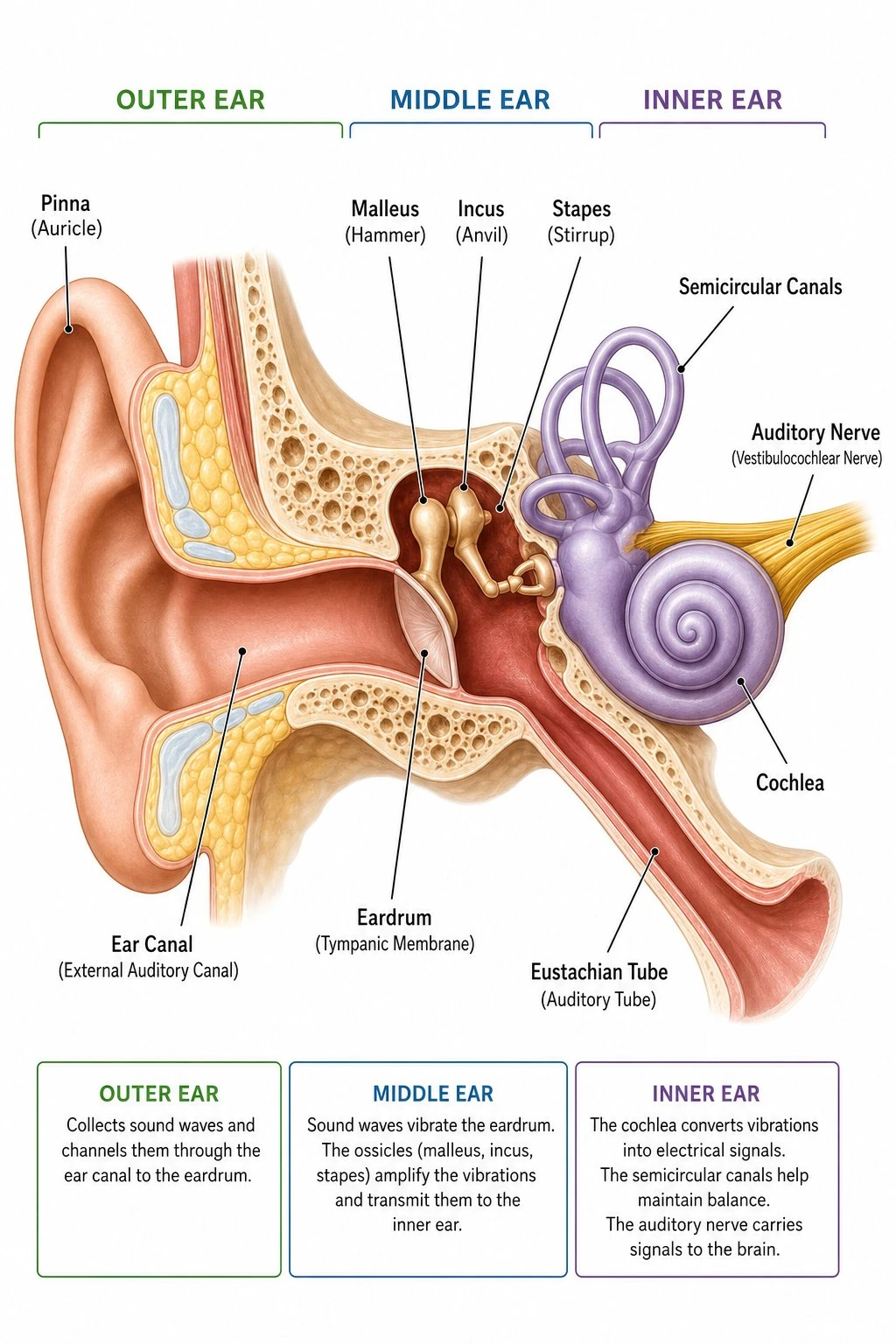 Labeled human ear diagram showing pinna, ear canal, eardrum, ossicles, cochlea, and auditory nerve