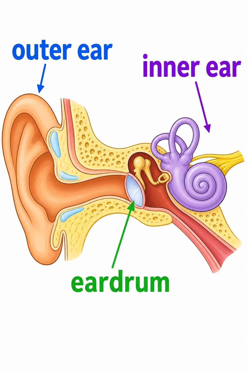 Simple ear diagram with large labels for outer ear eardrum and inner ear