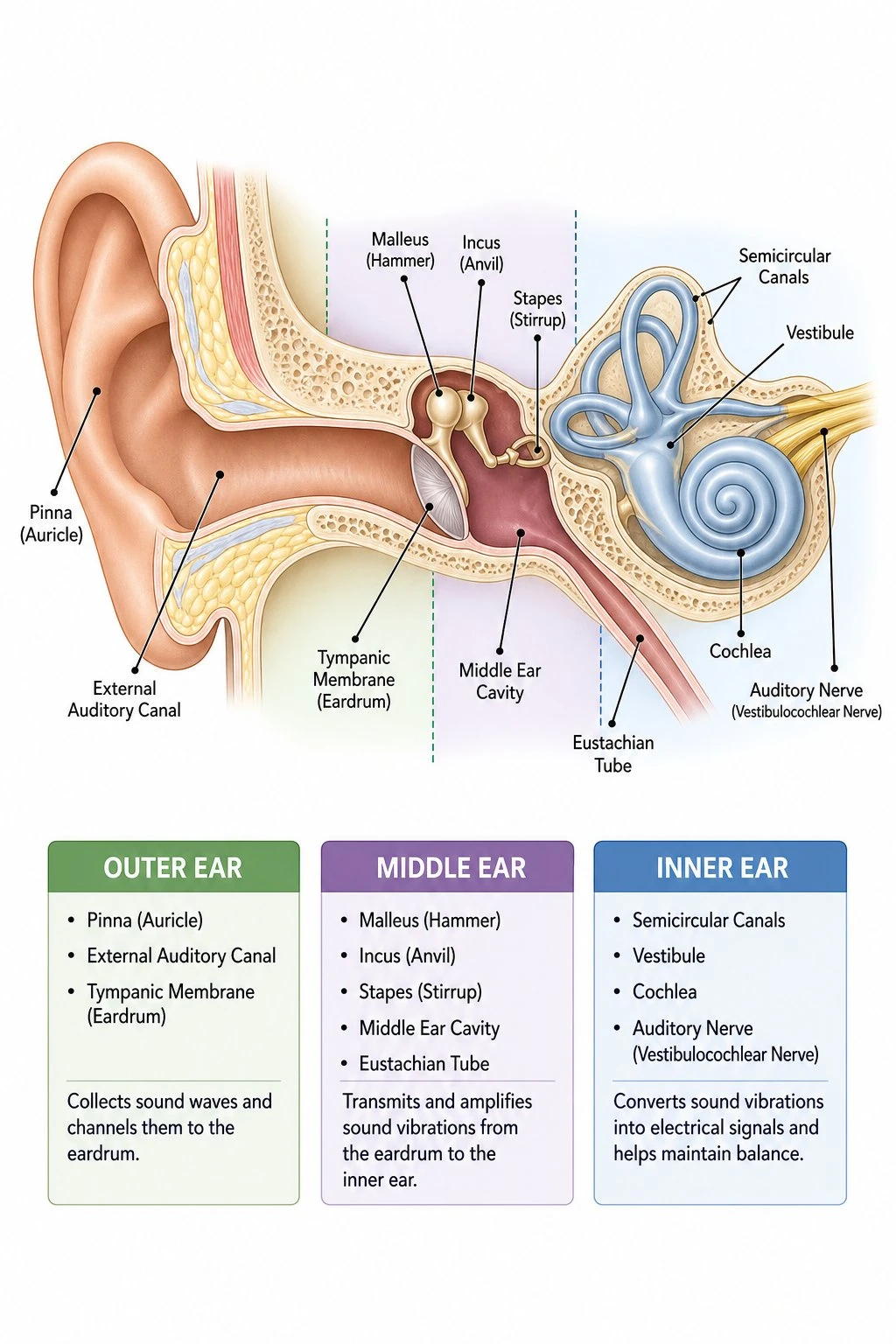 Ear diagram dividing outer middle and inner ear regions with labels