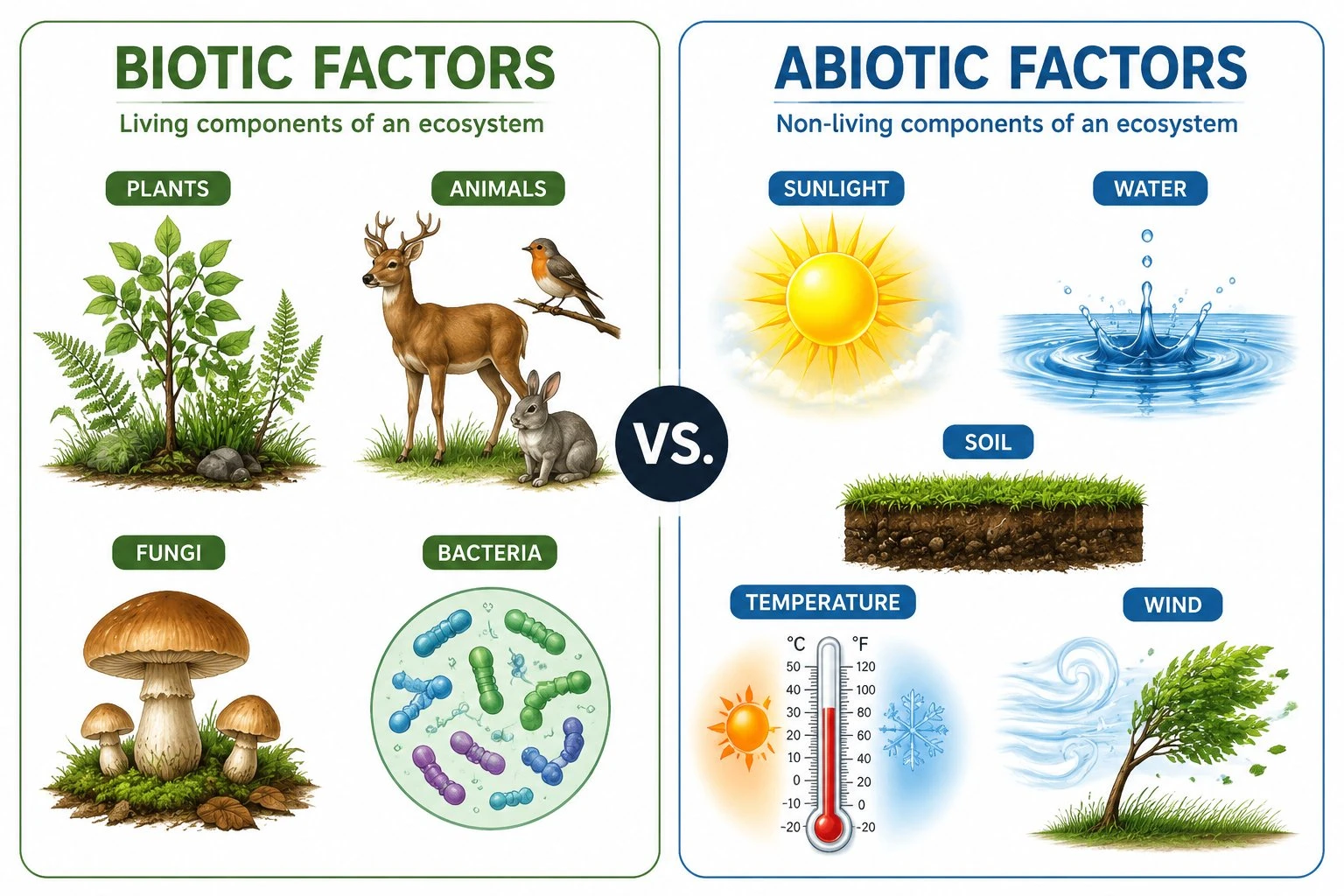 Side-by-side diagram comparing biotic factors (living organisms) and abiotic factors (non-living elements) in an ecosystem