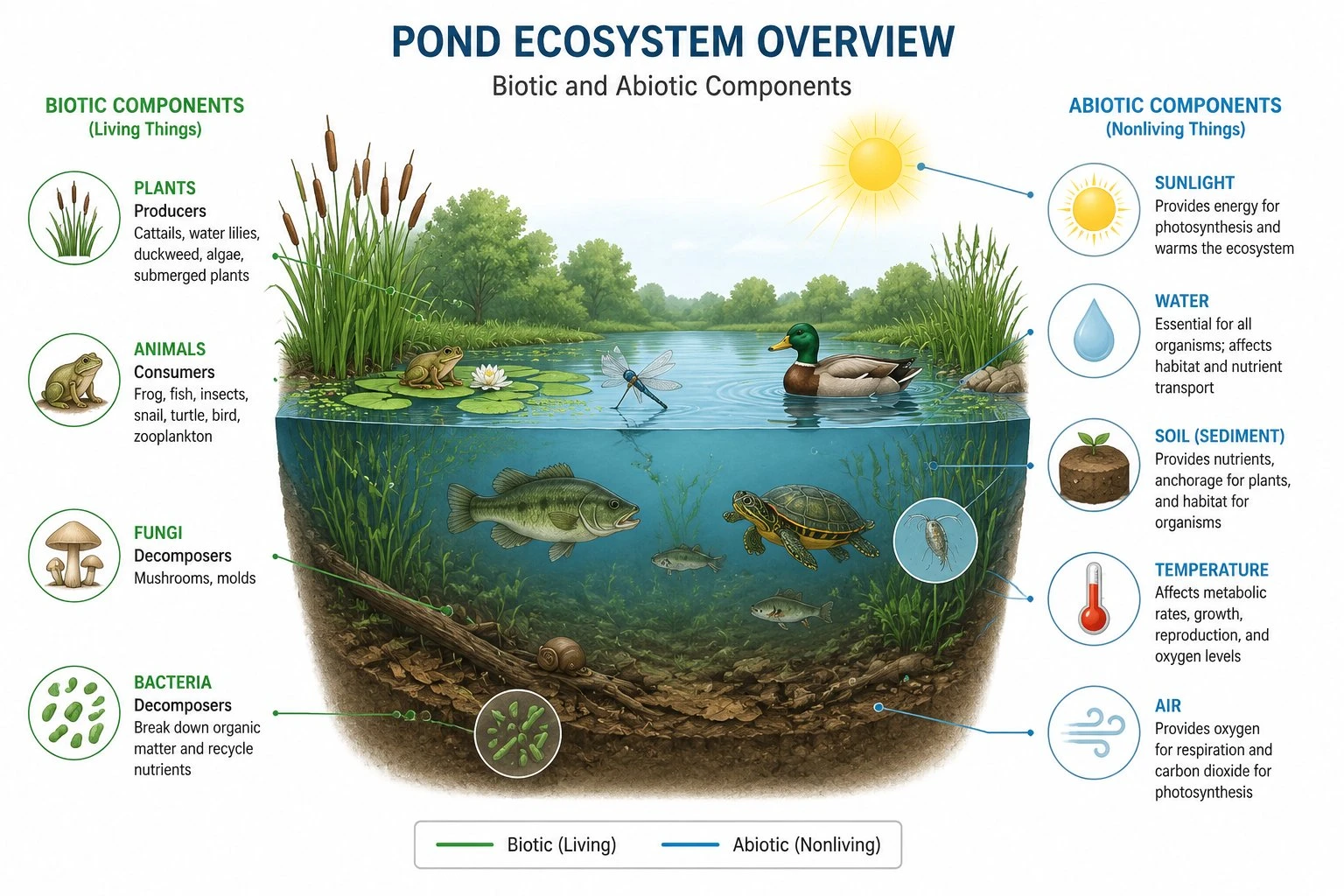 Labeled ecosystem diagram showing biotic components such as plants, animals, and decomposers alongside abiotic components including sunlight, water, soil, and temperature