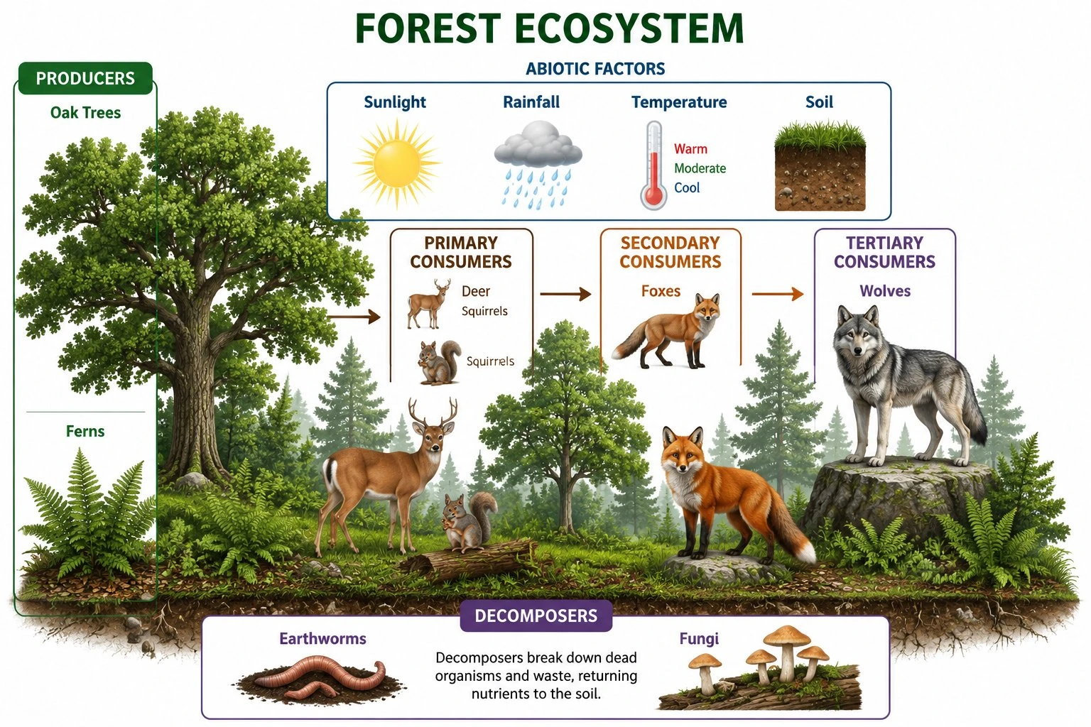 Labeled forest ecosystem diagram with producers, primary consumers, secondary consumers, tertiary consumers, and decomposers alongside abiotic factors