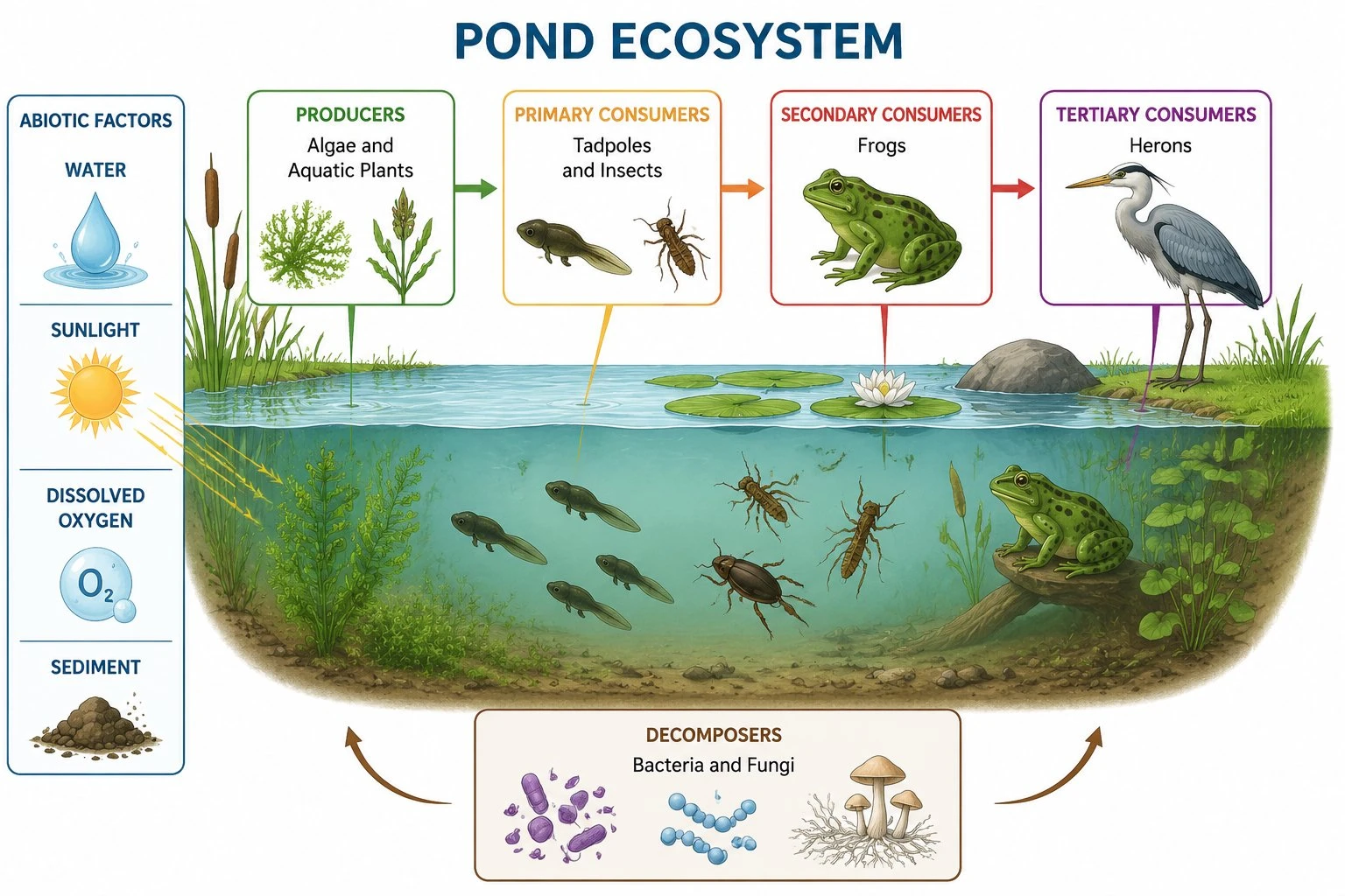Labeled pond ecosystem diagram showing producers, consumers at three trophic levels, decomposers, and abiotic factors in a freshwater habitat