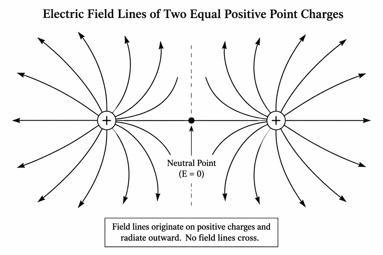Electric field diagram of two positive point charges showing field lines repelling each other and a neutral point between them
