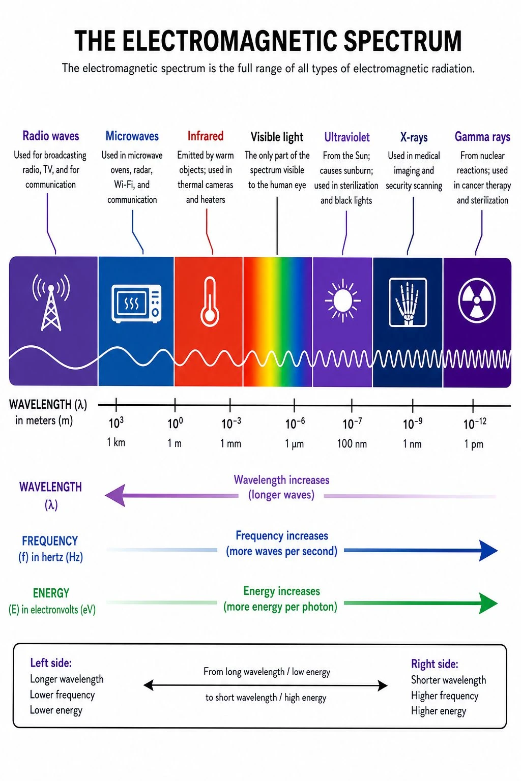 Labeled electromagnetic spectrum from radio waves through microwaves infrared visible ultraviolet X-rays to gamma rays
