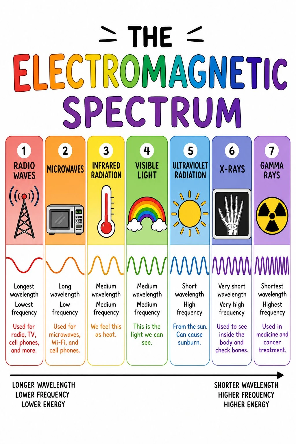 Simple electromagnetic spectrum poster with large labels and everyday icons for each band