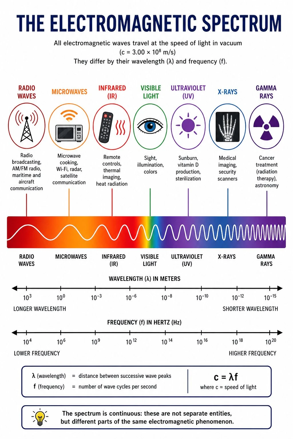 Electromagnetic spectrum with real-world uses for radio microwave infrared visible UV X-ray and gamma