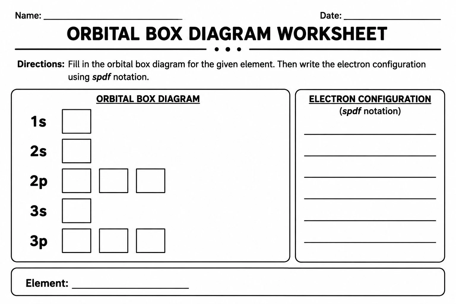 Blank printable orbital box diagram worksheet with empty sublevel boxes and blank lines for students to write in the spdf notation