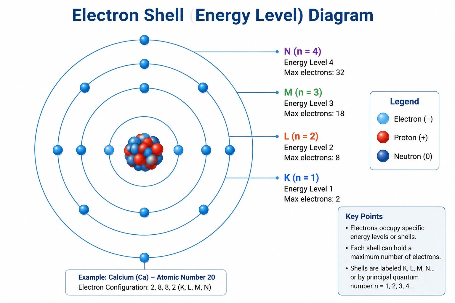 Electron shell diagram showing electrons distributed across labeled concentric circular energy levels around a central nucleus