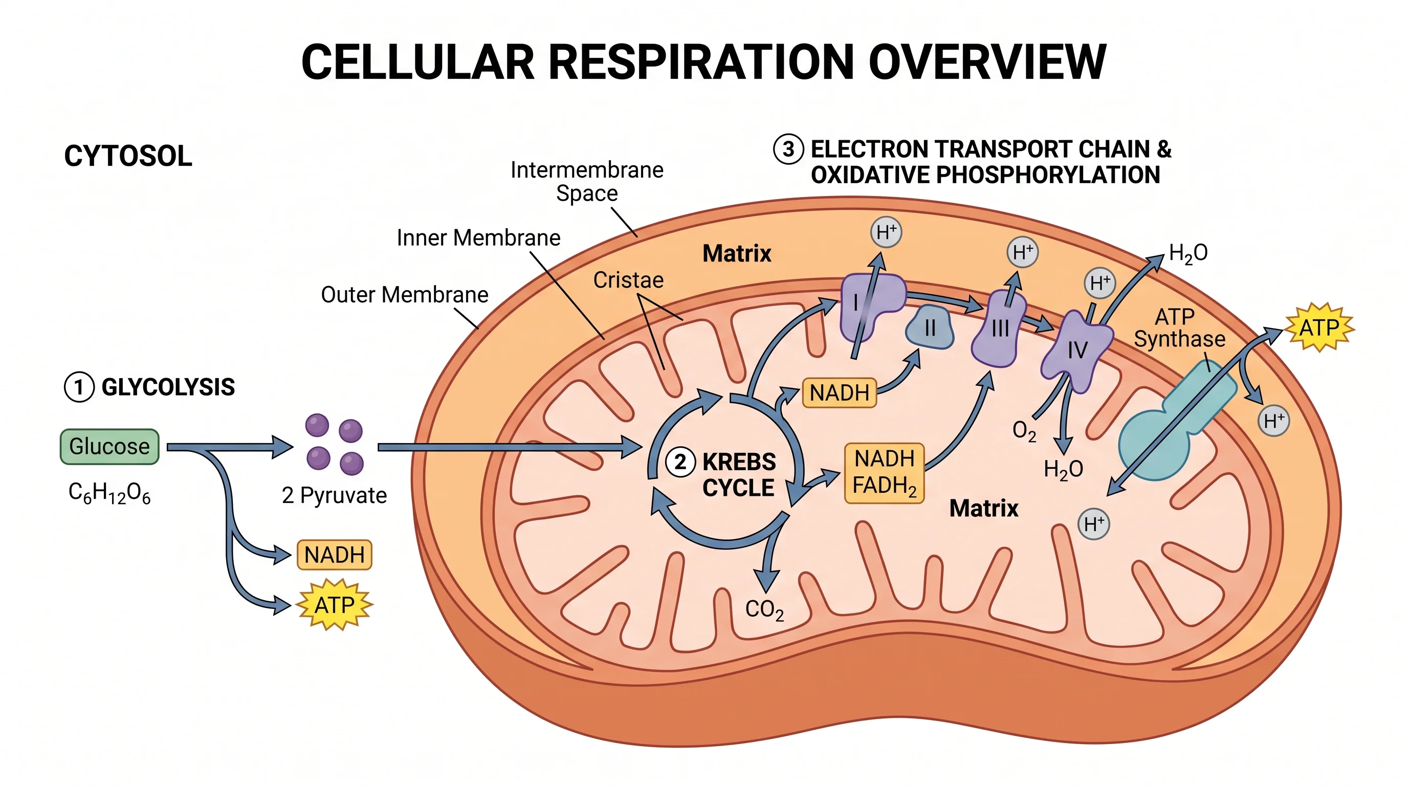 Cellular respiration diagram placing glycolysis in the cytosol, the Krebs cycle in the matrix, and the ETC on the inner membrane