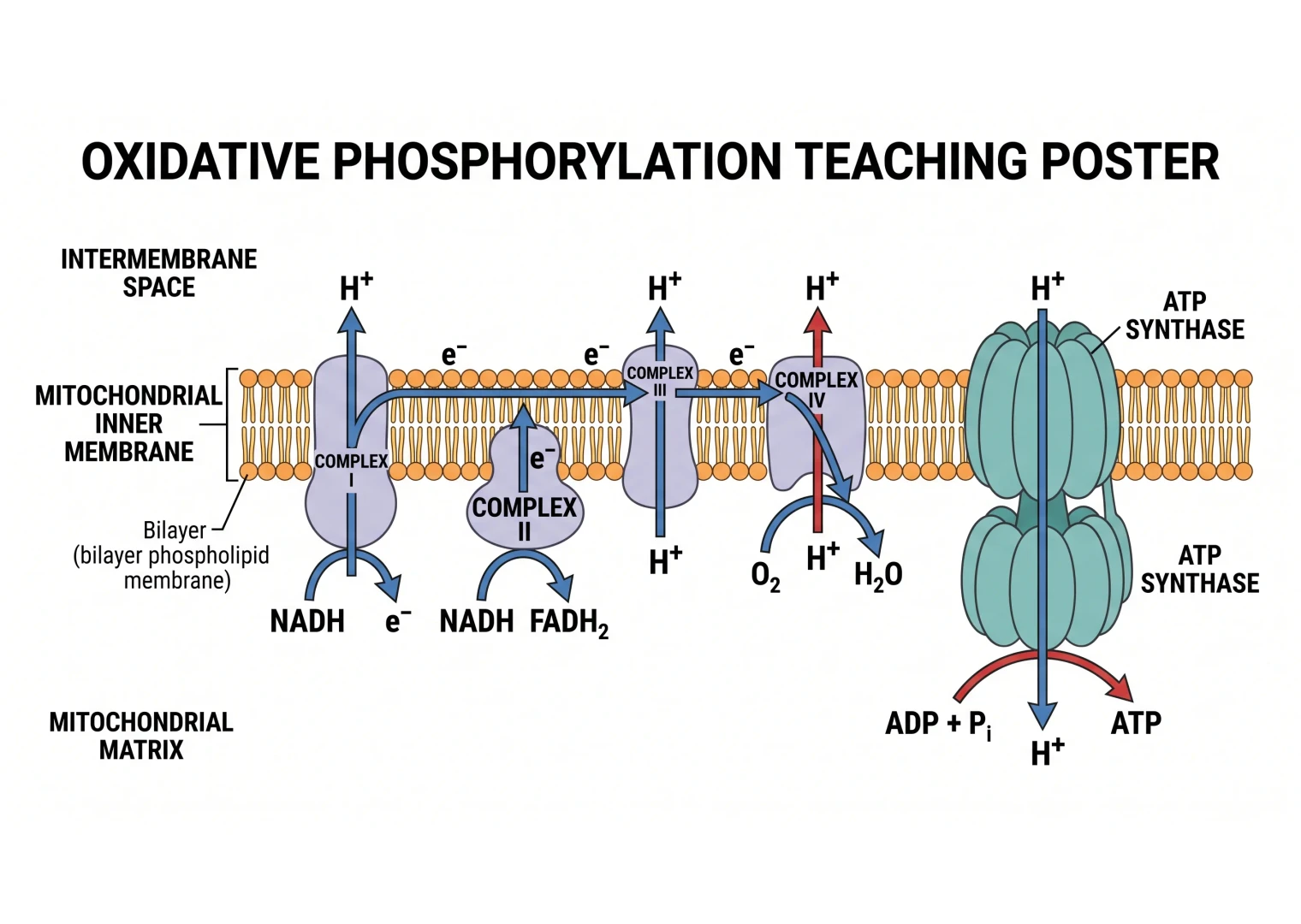 Oxidative phosphorylation illustration with the electron transport chain, proton gradient, and ATP synthase