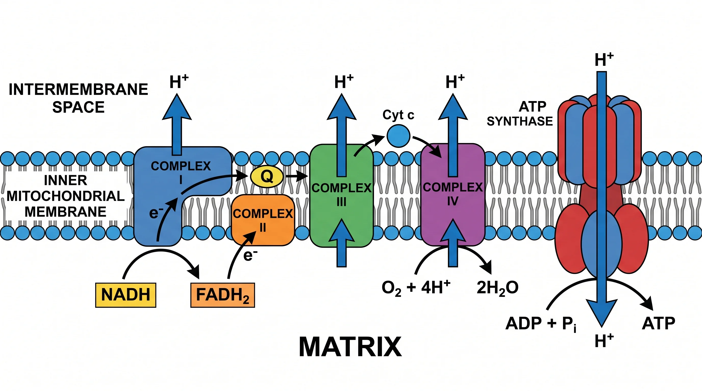 Simplified electron transport chain showing Complexes I–IV and ATP synthase on the inner membrane