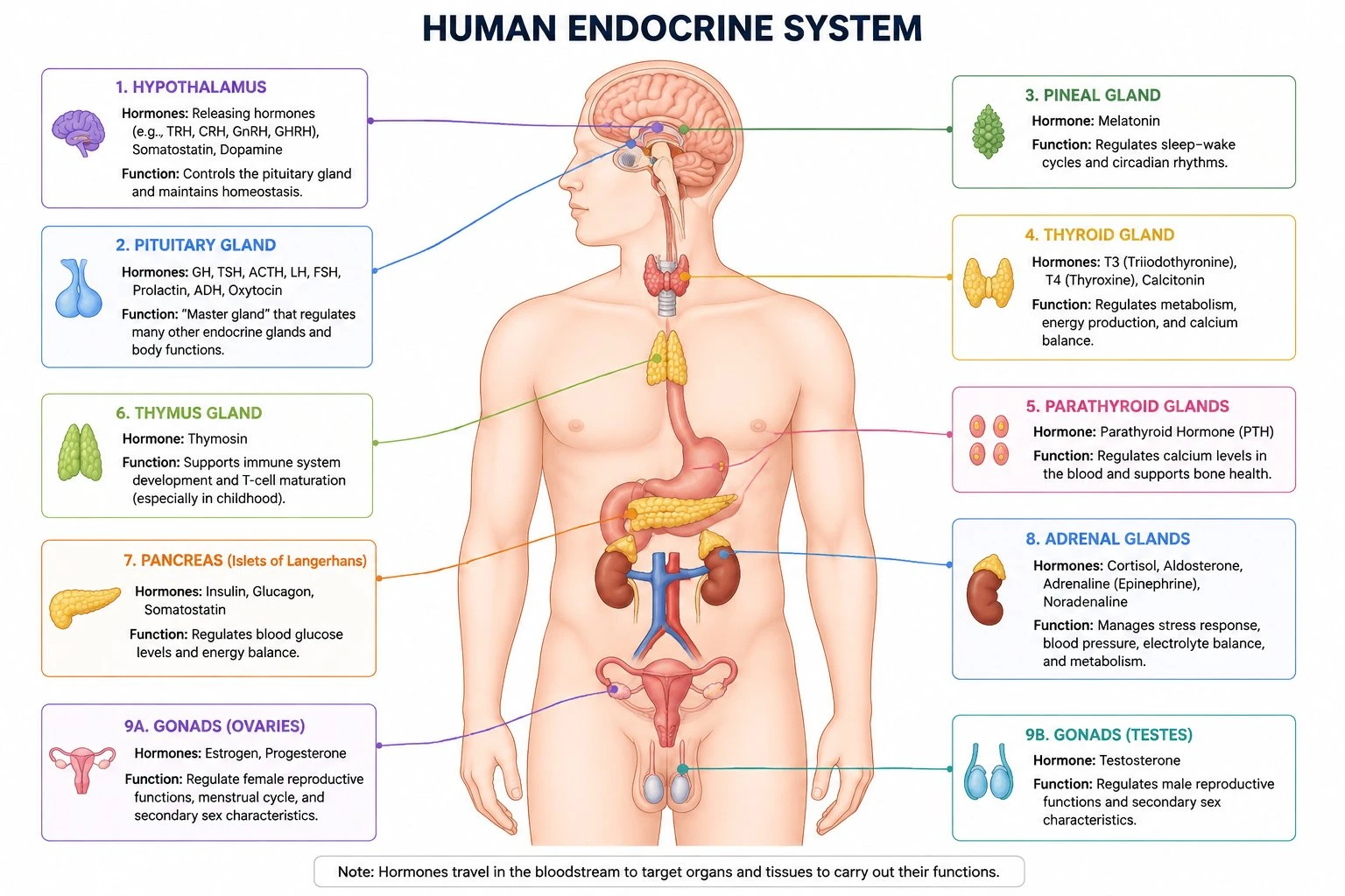 Endocrine system diagram with callouts listing the hormone secreted by each gland and its primary function