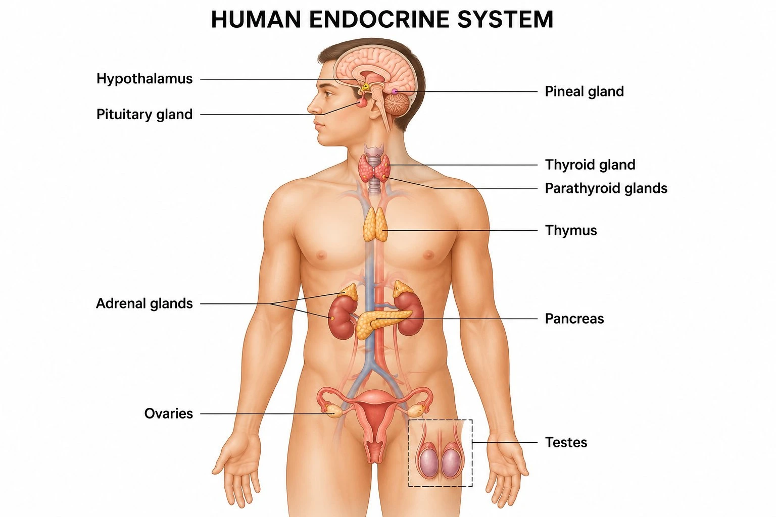 Labeled full endocrine system diagram showing all major glands from the hypothalamus to the gonads in anterior view