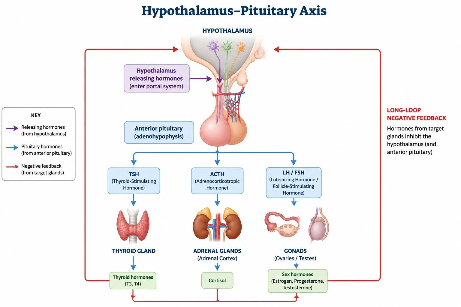 Diagram of the hypothalamus-pituitary axis showing releasing hormones, feedback loops, and target glands