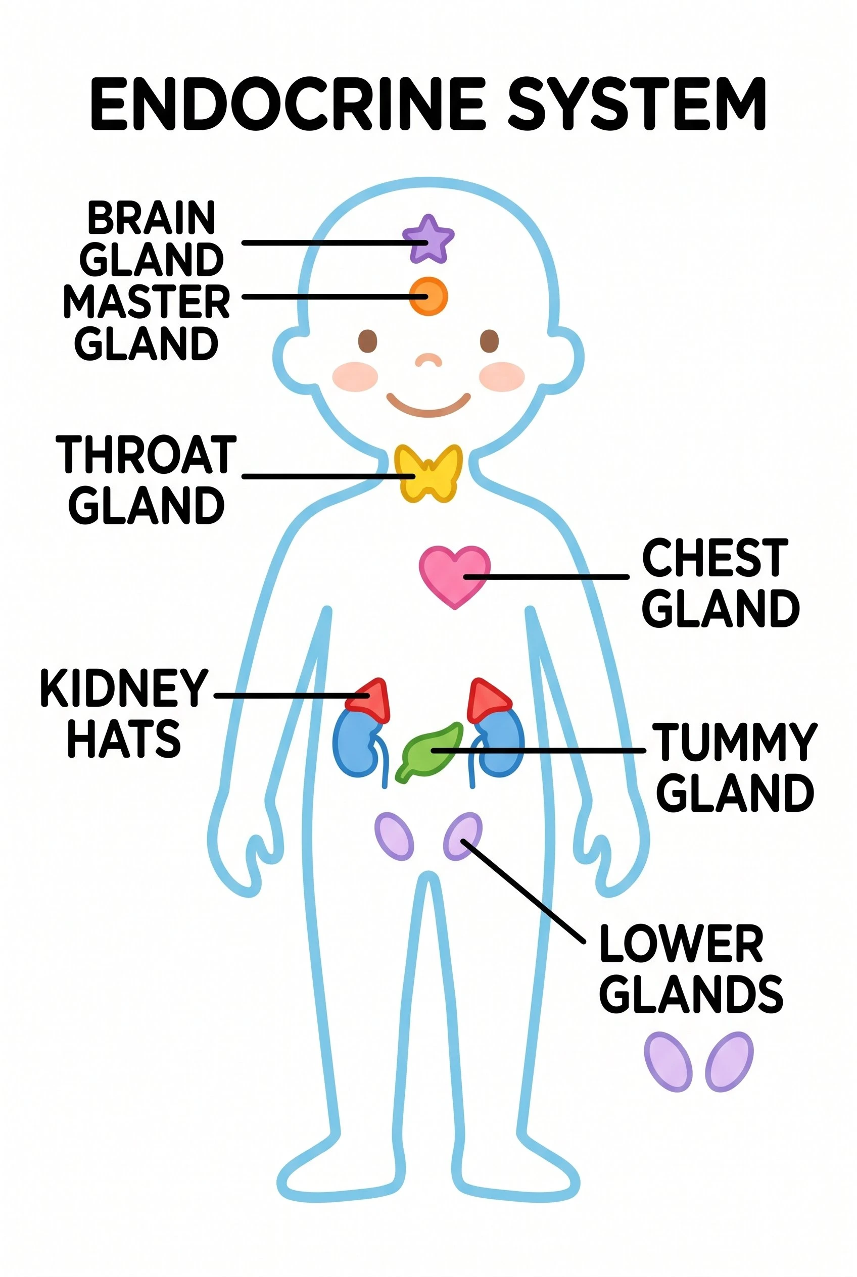 Simple labeled endocrine system diagram for kids with large clear labels and friendly illustrations of each gland
