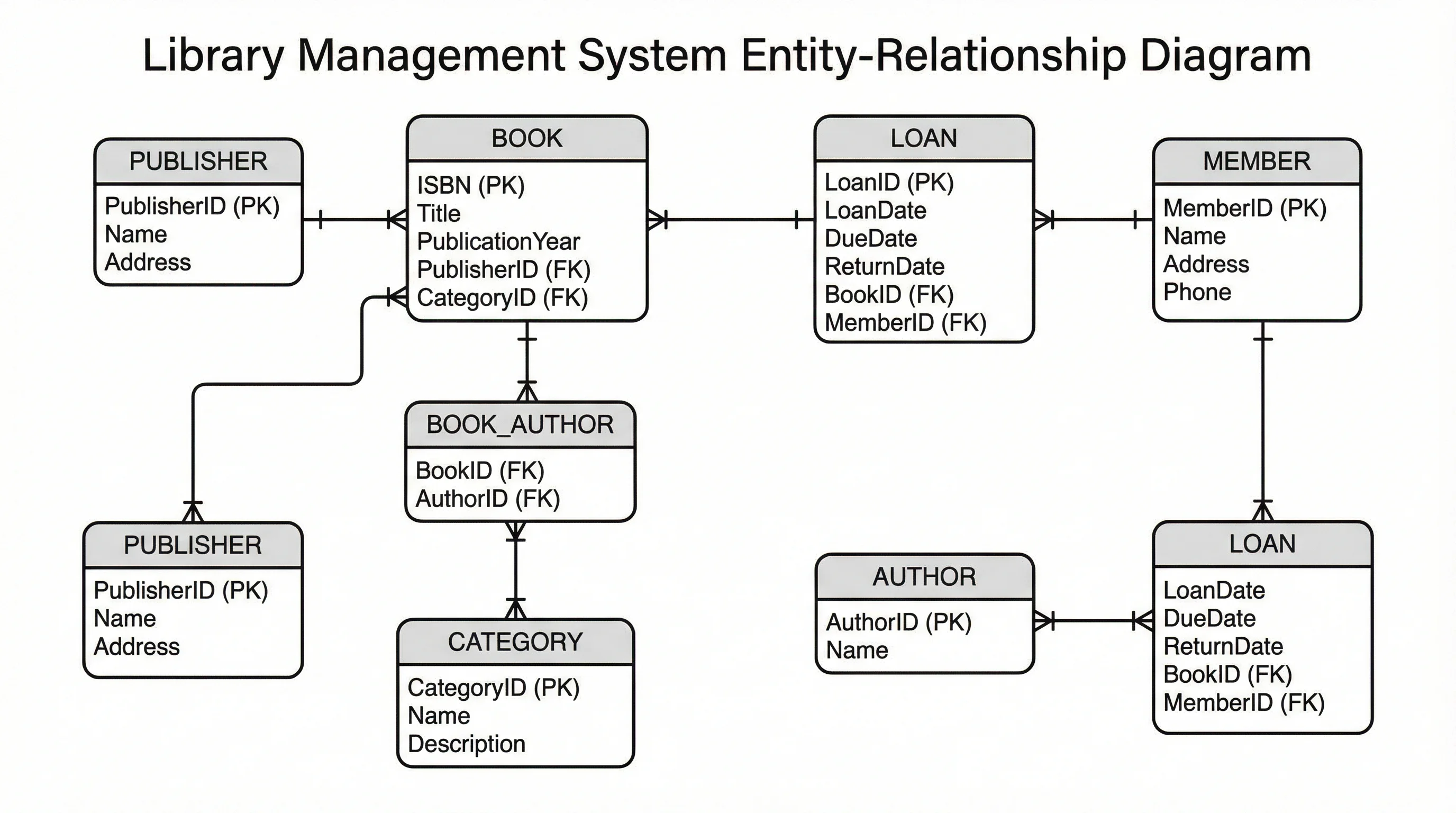 Entity-relationship diagram for a library management system with Book, Member, Loan, and Author entities using Crow's Foot notation.