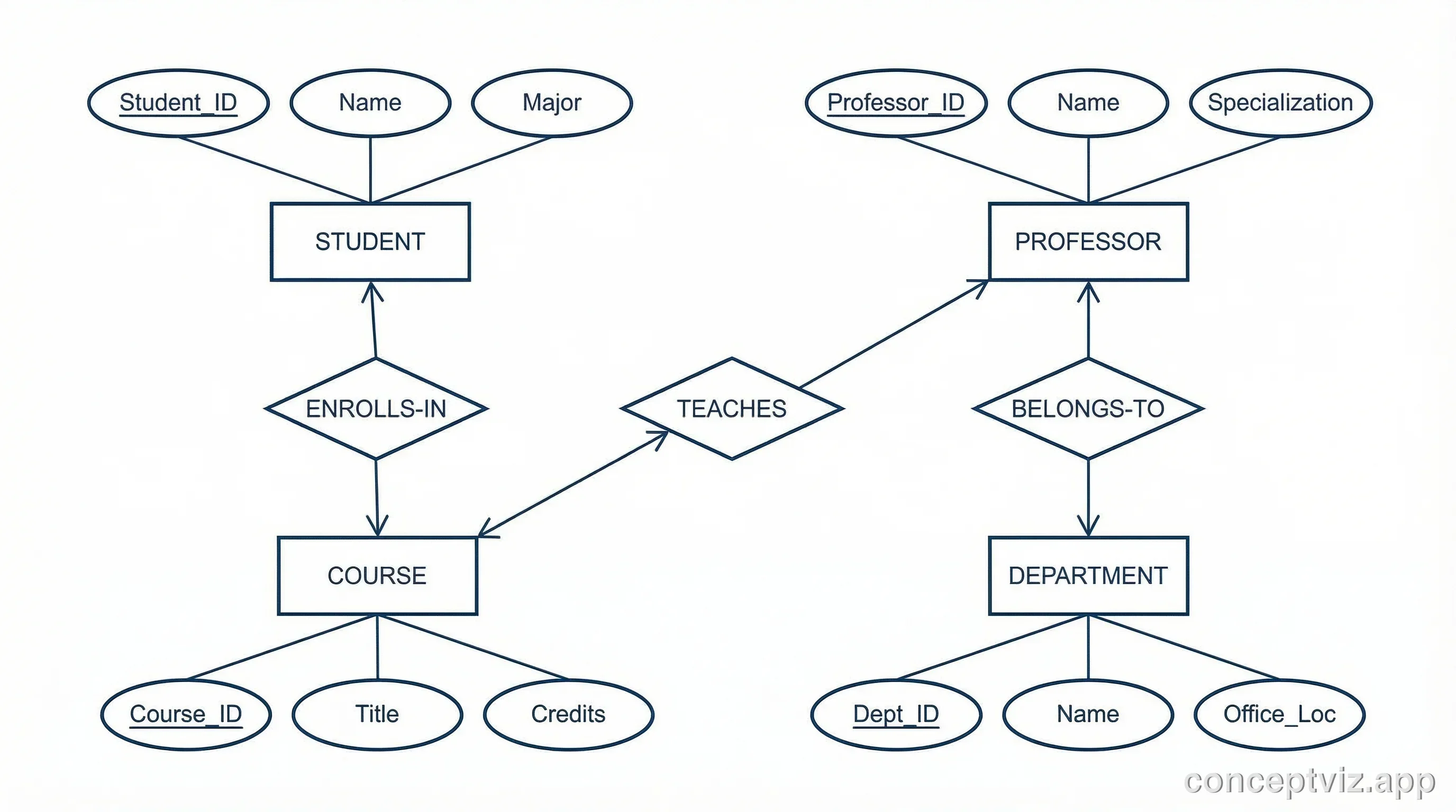 Entity-relationship diagram for a university enrollment database with Student, Course, Professor, and Department entities using Chen notation.