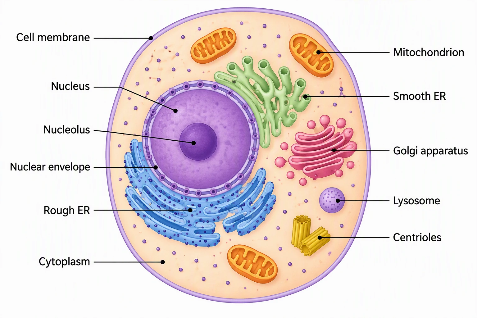 Labeled eukaryotic cell diagram showing the nucleus, nucleolus, nuclear envelope, rough ER, smooth ER, Golgi apparatus, mitochondrion, lysosome, centrioles, cell membrane, and cytoplasm